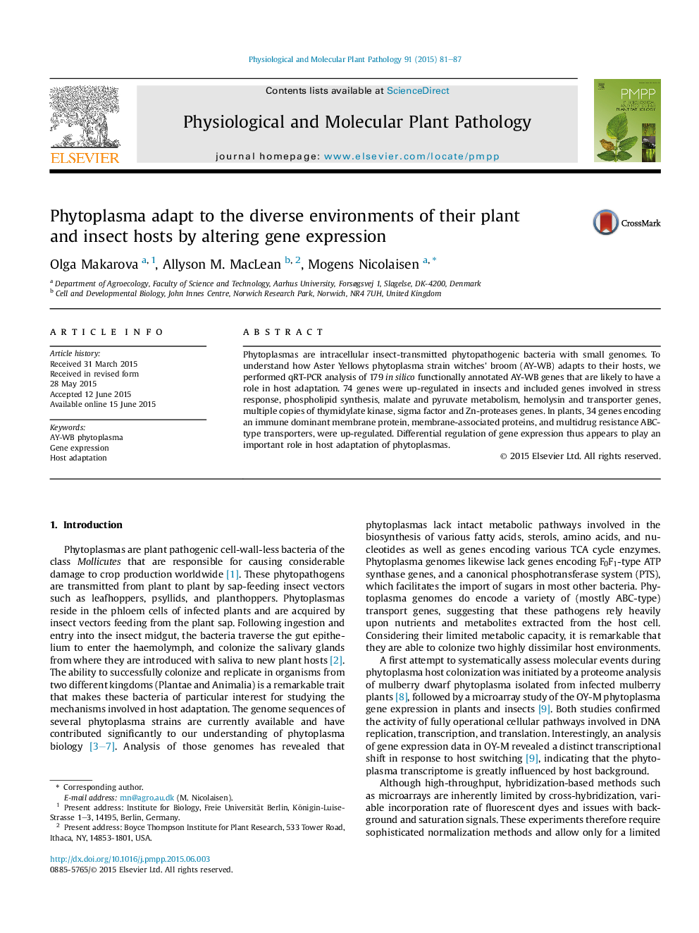 Phytoplasma adapt to the diverse environments of their plant and insect hosts by altering gene expression