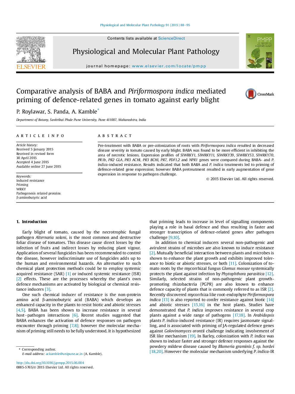 Comparative analysis of BABA and Piriformospora indica mediated priming of defence-related genes in tomato against early blight