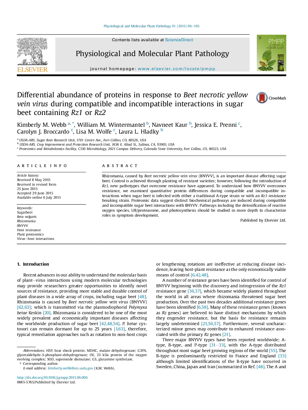 Differential abundance of proteins in response to Beet necrotic yellow vein virus during compatible and incompatible interactions in sugar beet containing Rz1 or Rz2