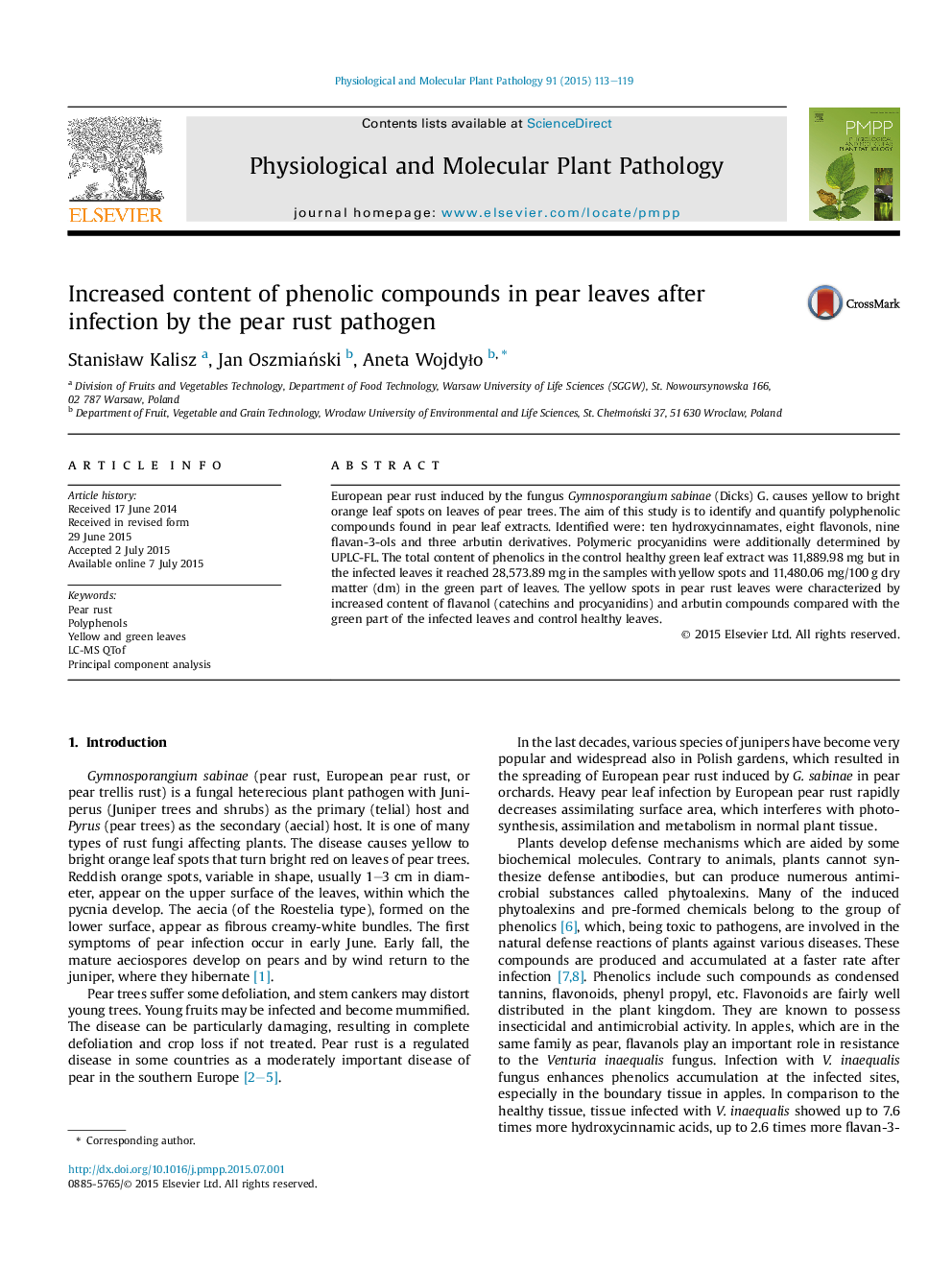 Increased content of phenolic compounds in pear leaves after infection by the pear rust pathogen