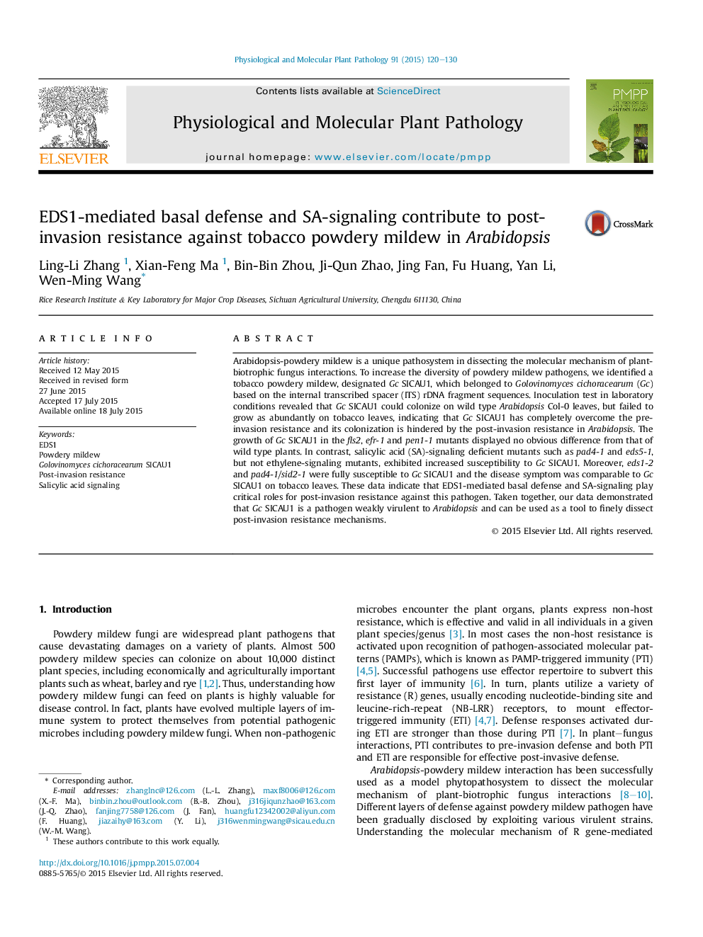 EDS1-mediated basal defense and SA-signaling contribute to post-invasion resistance against tobacco powdery mildew in Arabidopsis