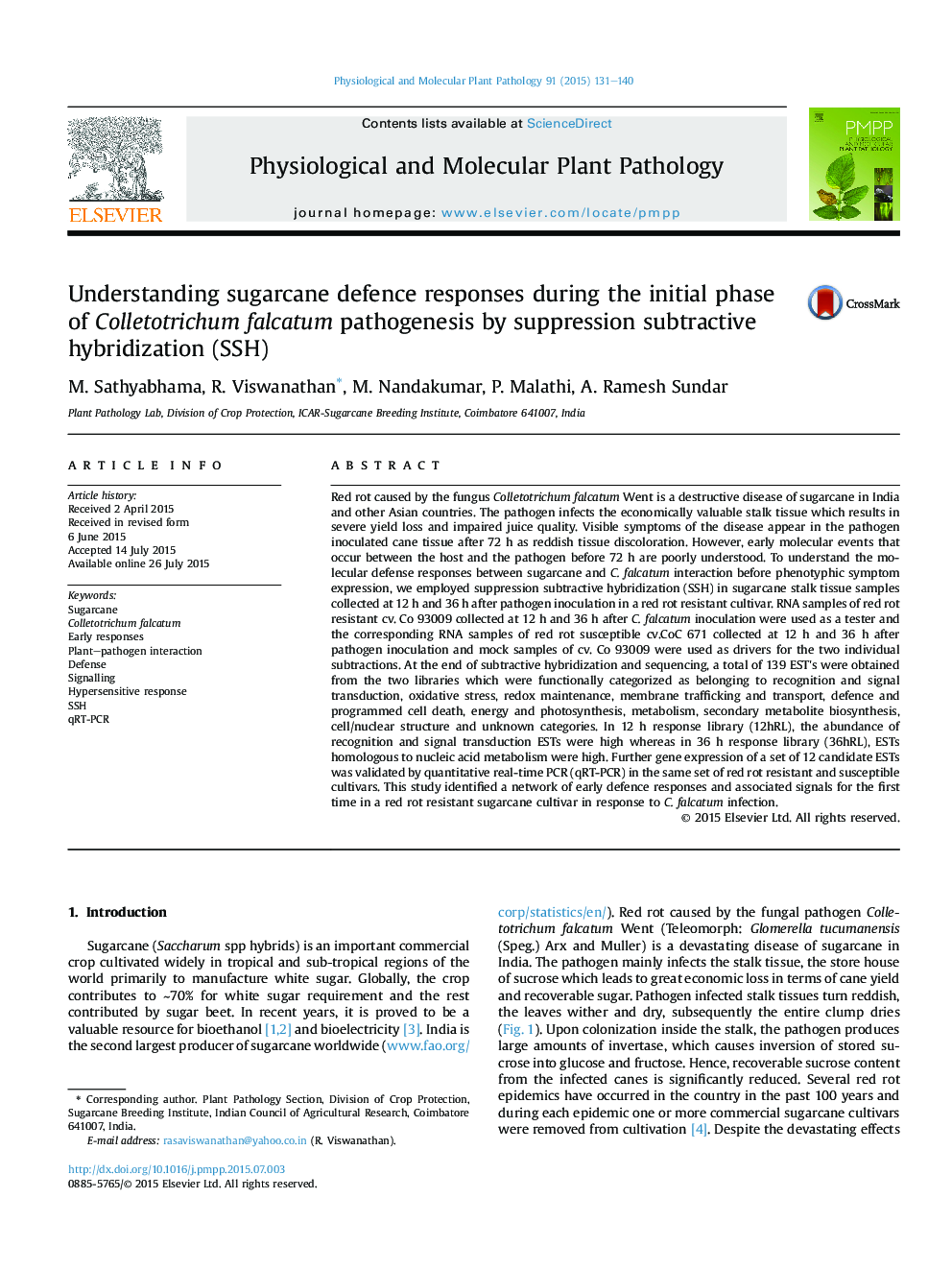 Understanding sugarcane defence responses during the initial phase of Colletotrichum falcatum pathogenesis by suppression subtractive hybridization (SSH)