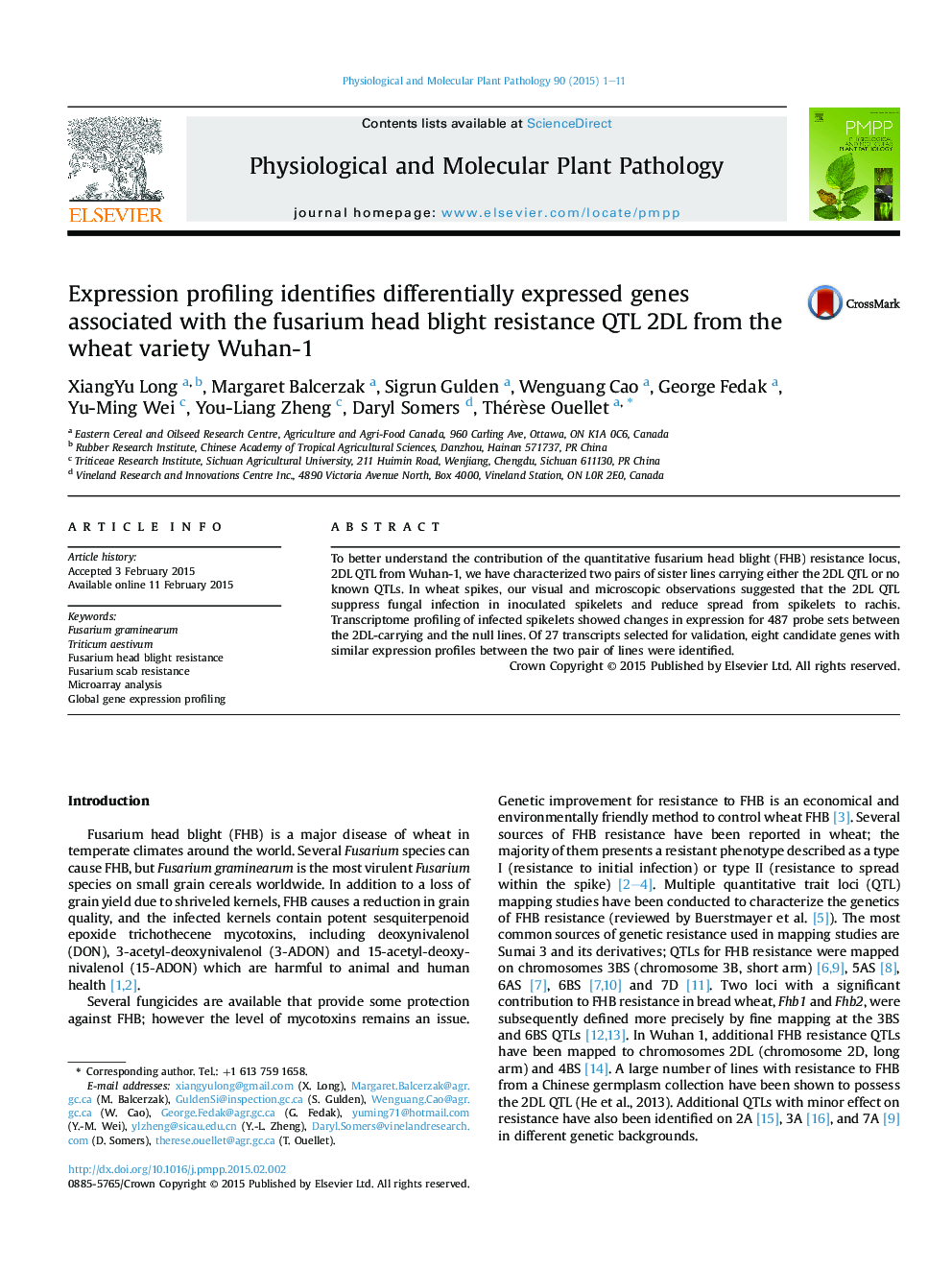 Expression profiling identifies differentially expressed genes associated with the fusarium head blight resistance QTL 2DL from the wheat variety Wuhan-1