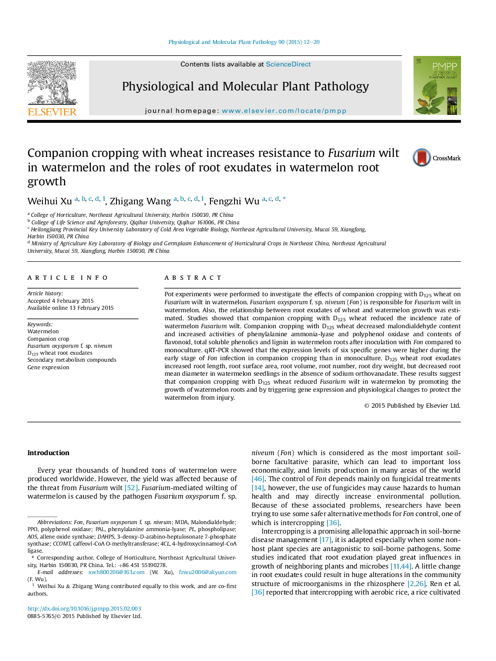 Companion cropping with wheat increases resistance to Fusarium wilt in watermelon and the roles of root exudates in watermelon root growth