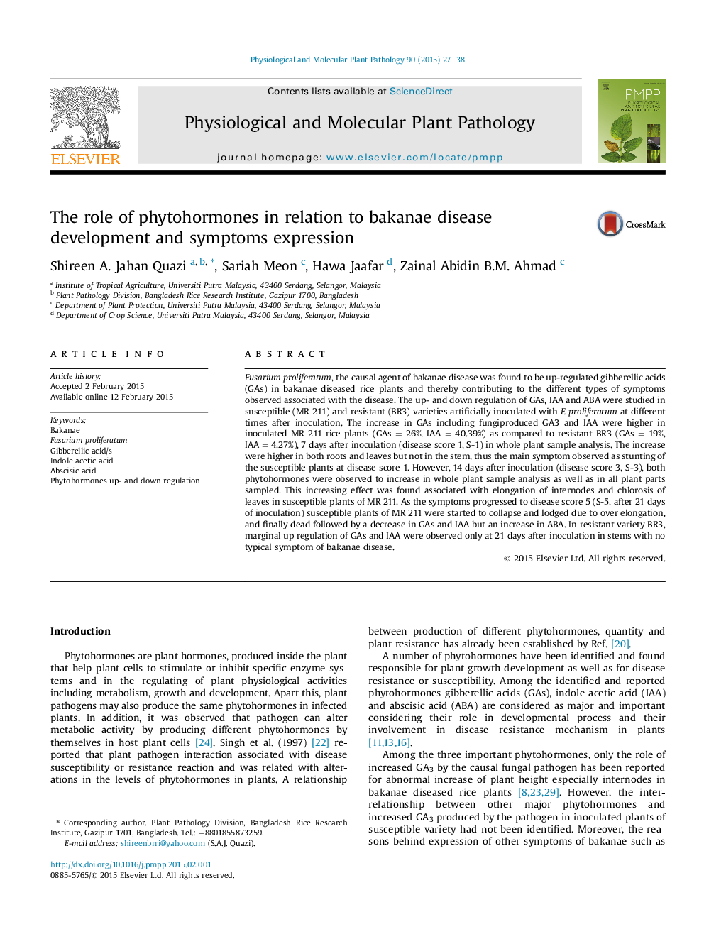 The role of phytohormones in relation to bakanae disease development and symptoms expression