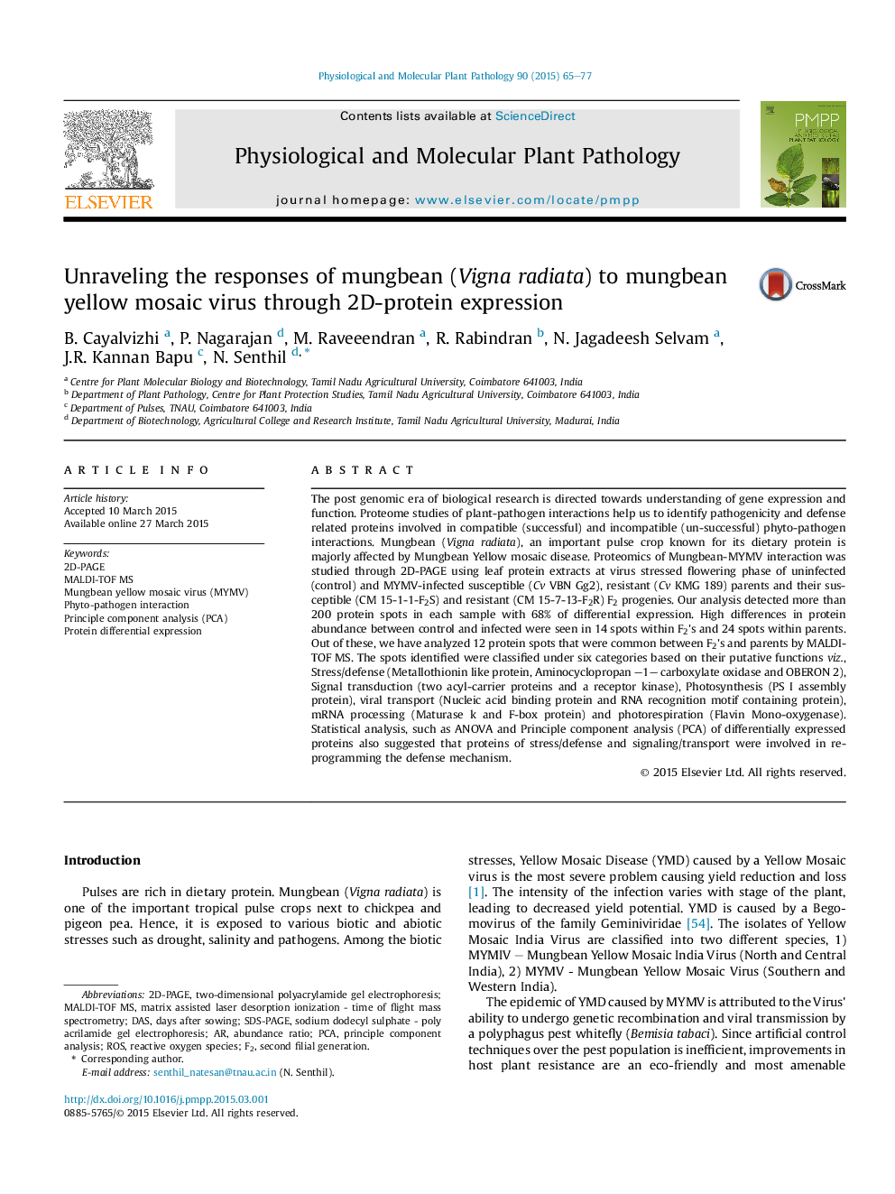 Unraveling the responses of mungbean (Vigna radiata) to mungbean yellow mosaic virus through 2D-protein expression