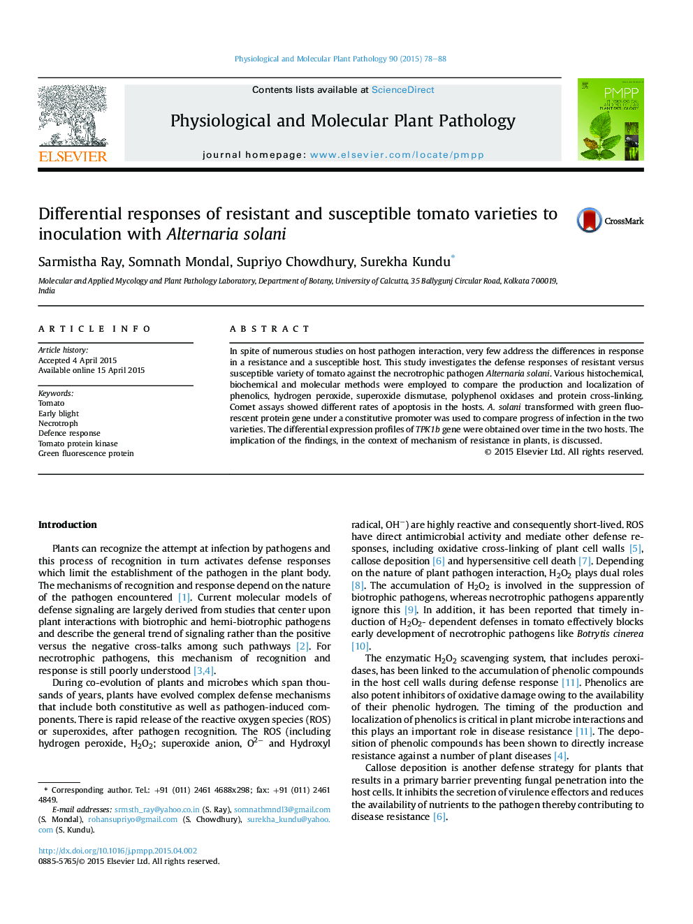 Differential responses of resistant and susceptible tomato varieties to inoculation with Alternaria solani