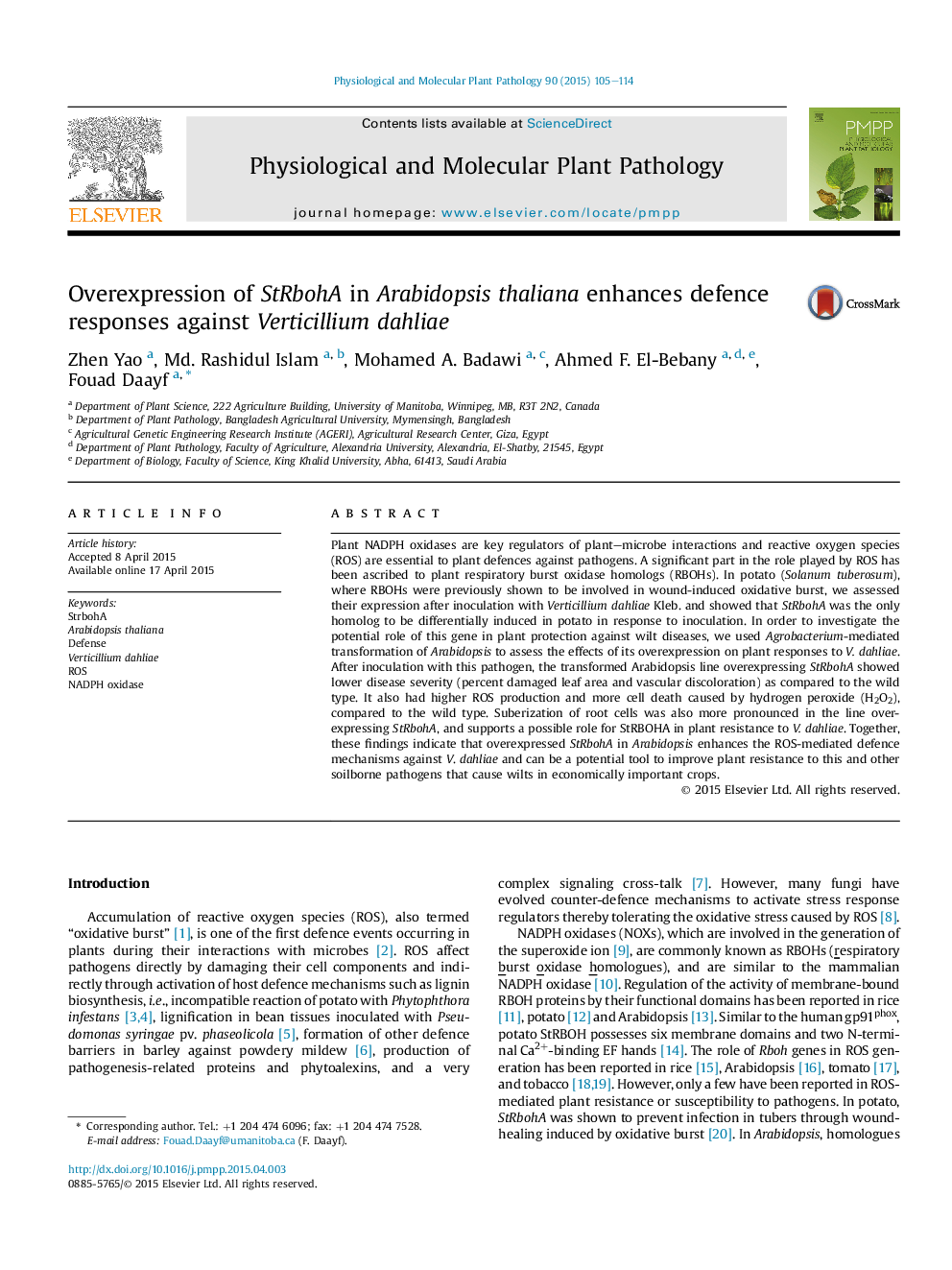 Overexpression of StRbohA in Arabidopsis thaliana enhances defence responses against Verticillium dahliae