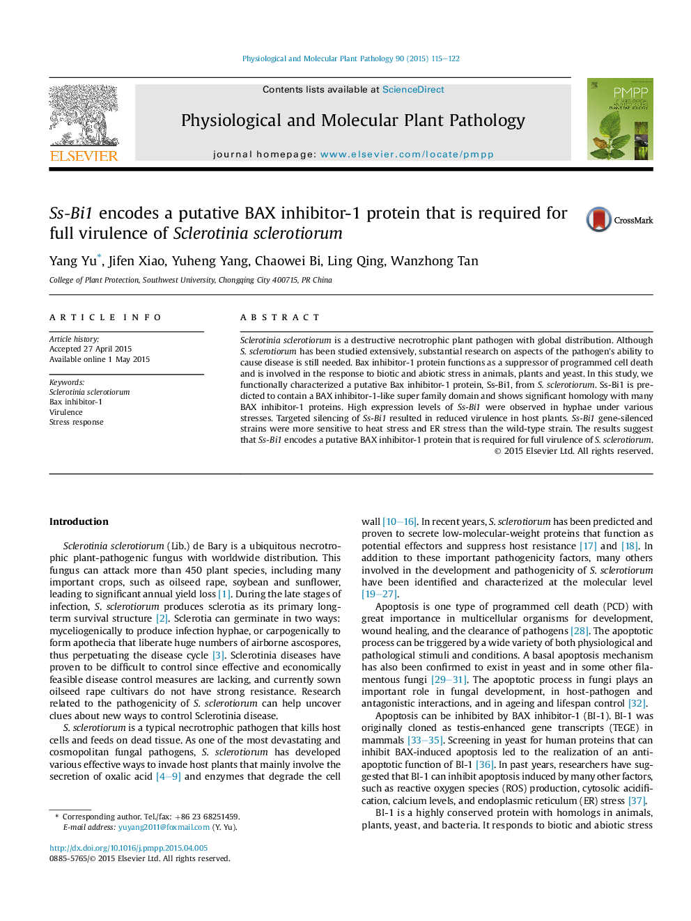 Ss-Bi1 encodes a putative BAX inhibitor-1 protein that is required for full virulence of Sclerotinia sclerotiorum