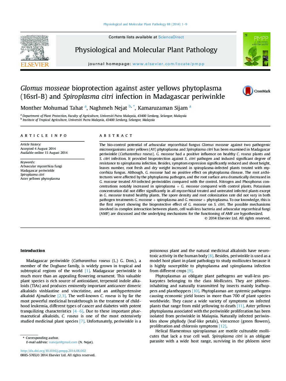 Glomus mosseae bioprotection against aster yellows phytoplasma (16srI-B) and Spiroplasma citri infection in Madagascar periwinkle