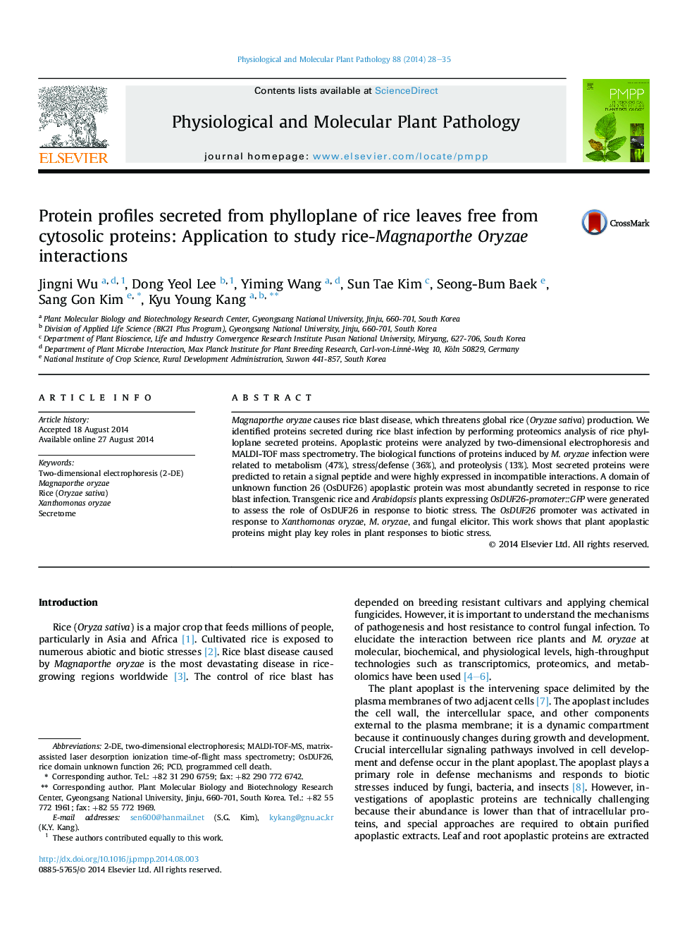 Protein profiles secreted from phylloplane of rice leaves free from cytosolic proteins: Application to study rice-Magnaporthe Oryzae interactions