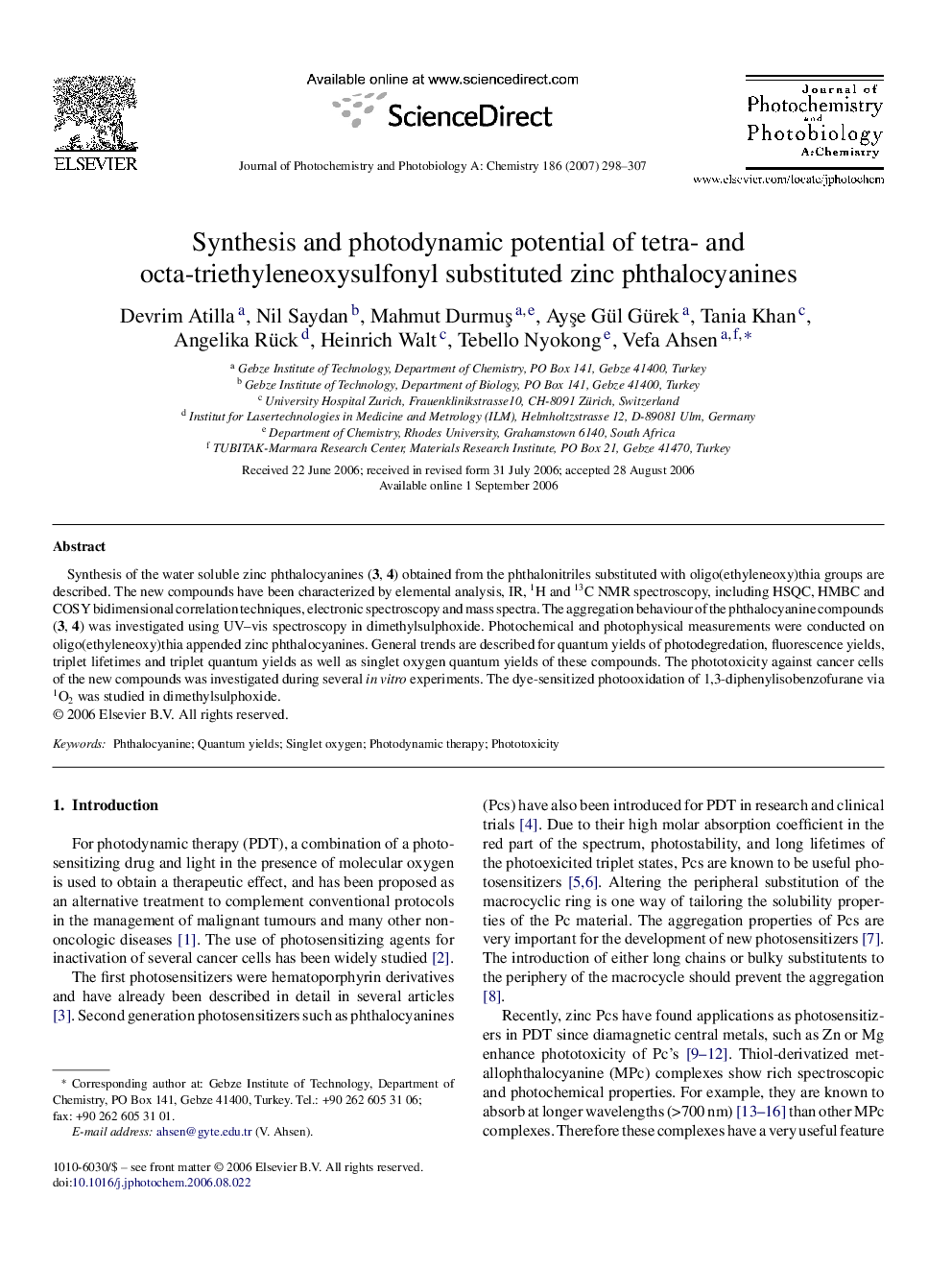 Synthesis and photodynamic potential of tetra- and octa-triethyleneoxysulfonyl substituted zinc phthalocyanines