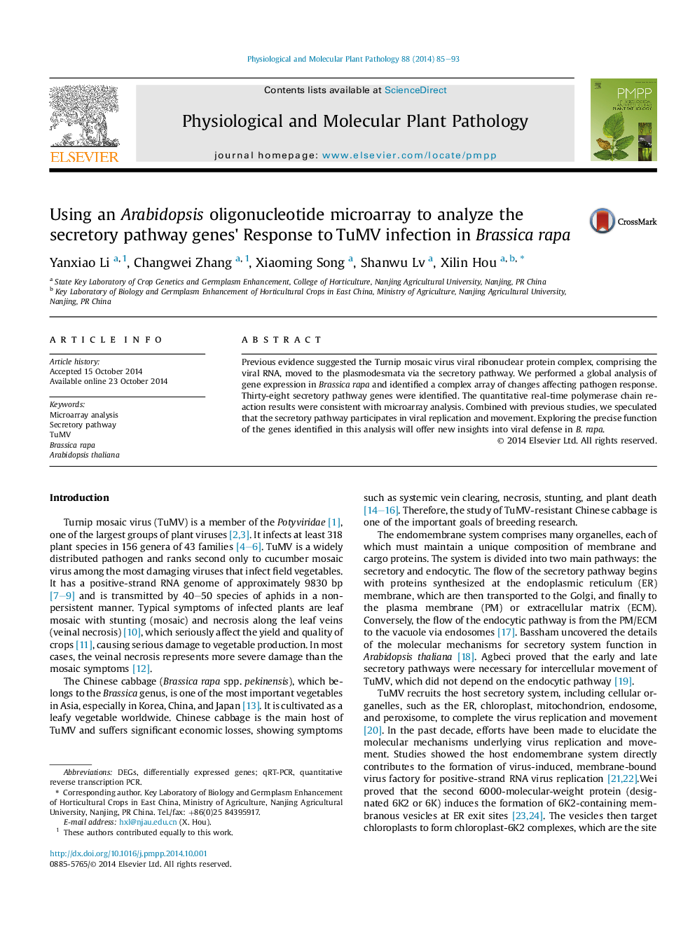 Using an Arabidopsis oligonucleotide microarray to analyze the secretory pathway genes' Response to TuMV infection in Brassica rapa