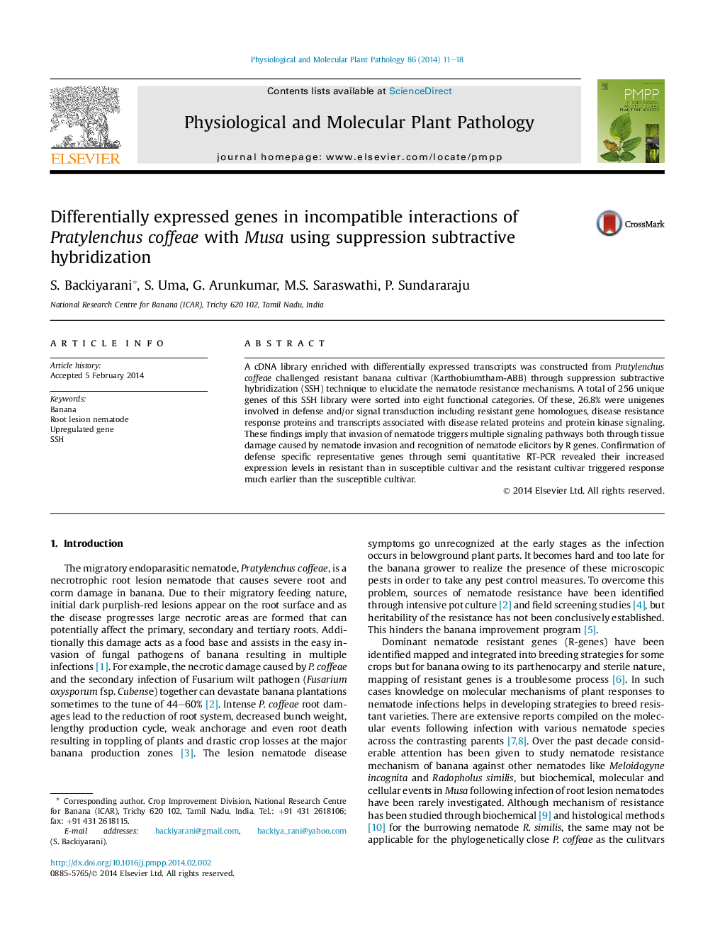 Differentially expressed genes in incompatible interactions of Pratylenchus coffeae with Musa using suppression subtractive hybridization