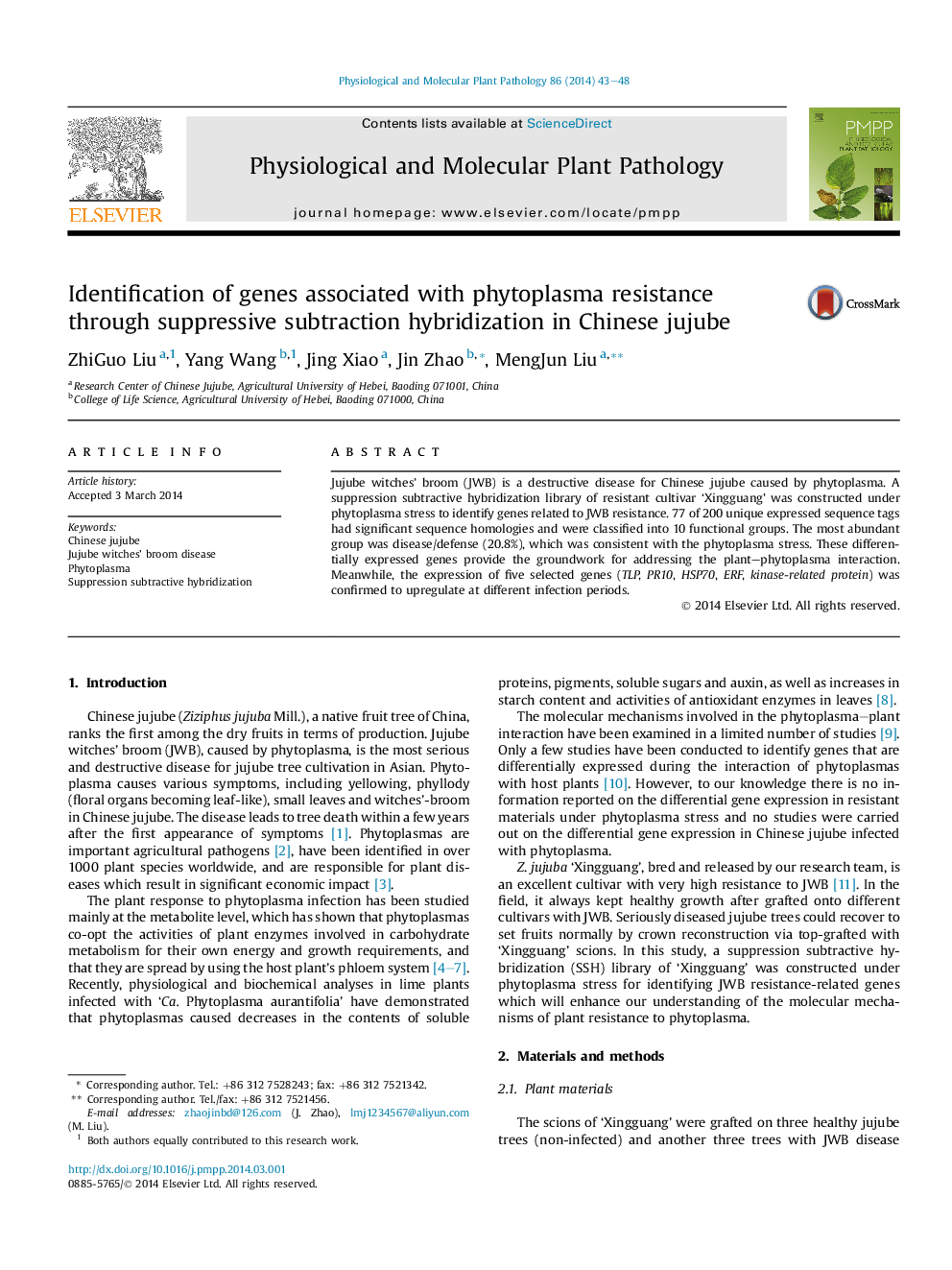 Identification of genes associated with phytoplasma resistance through suppressive subtraction hybridization in Chinese jujube