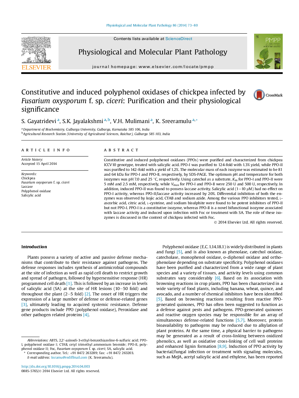 Constitutive and induced polyphenol oxidases of chickpea infected by Fusarium oxysporum f. sp. ciceri: Purification and their physiological significance