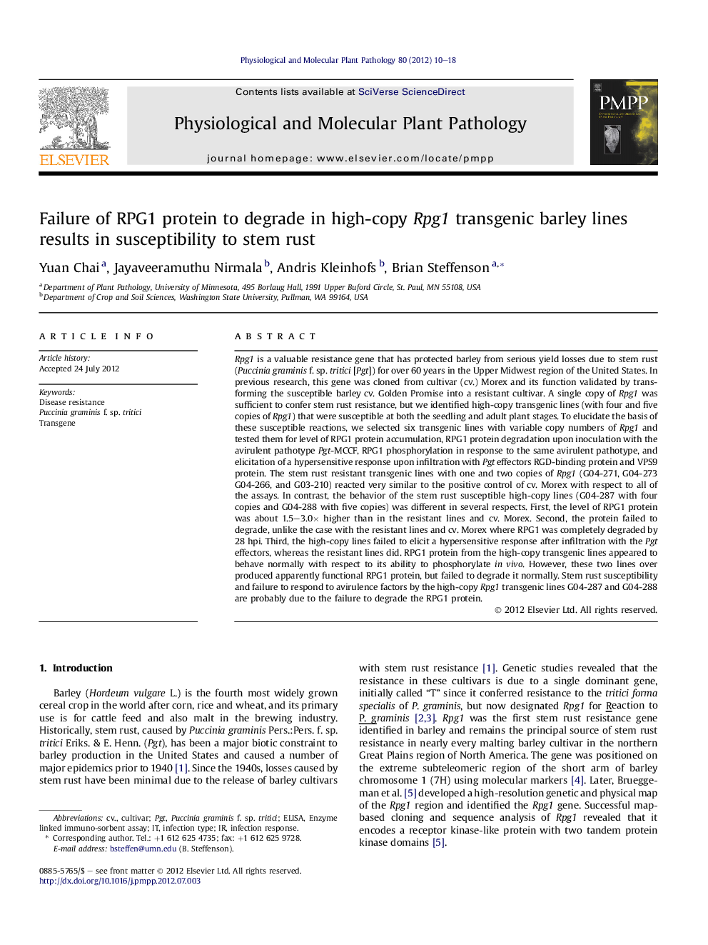 Failure of RPG1 protein to degrade in high-copy Rpg1 transgenic barley lines results in susceptibility to stem rust