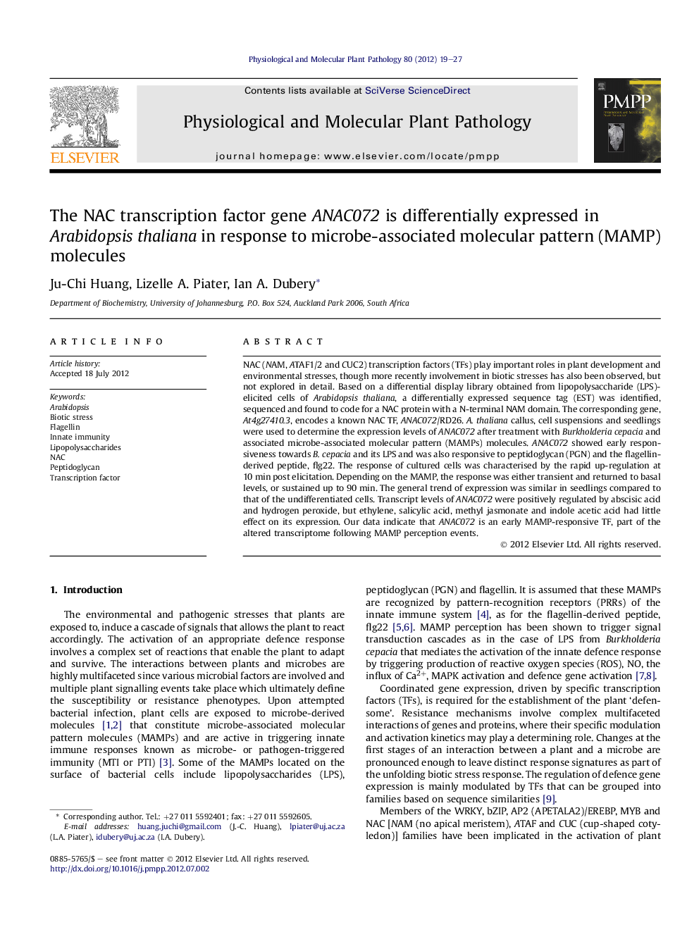 The NAC transcription factor gene ANAC072 is differentially expressed in Arabidopsis thaliana in response to microbe-associated molecular pattern (MAMP) molecules