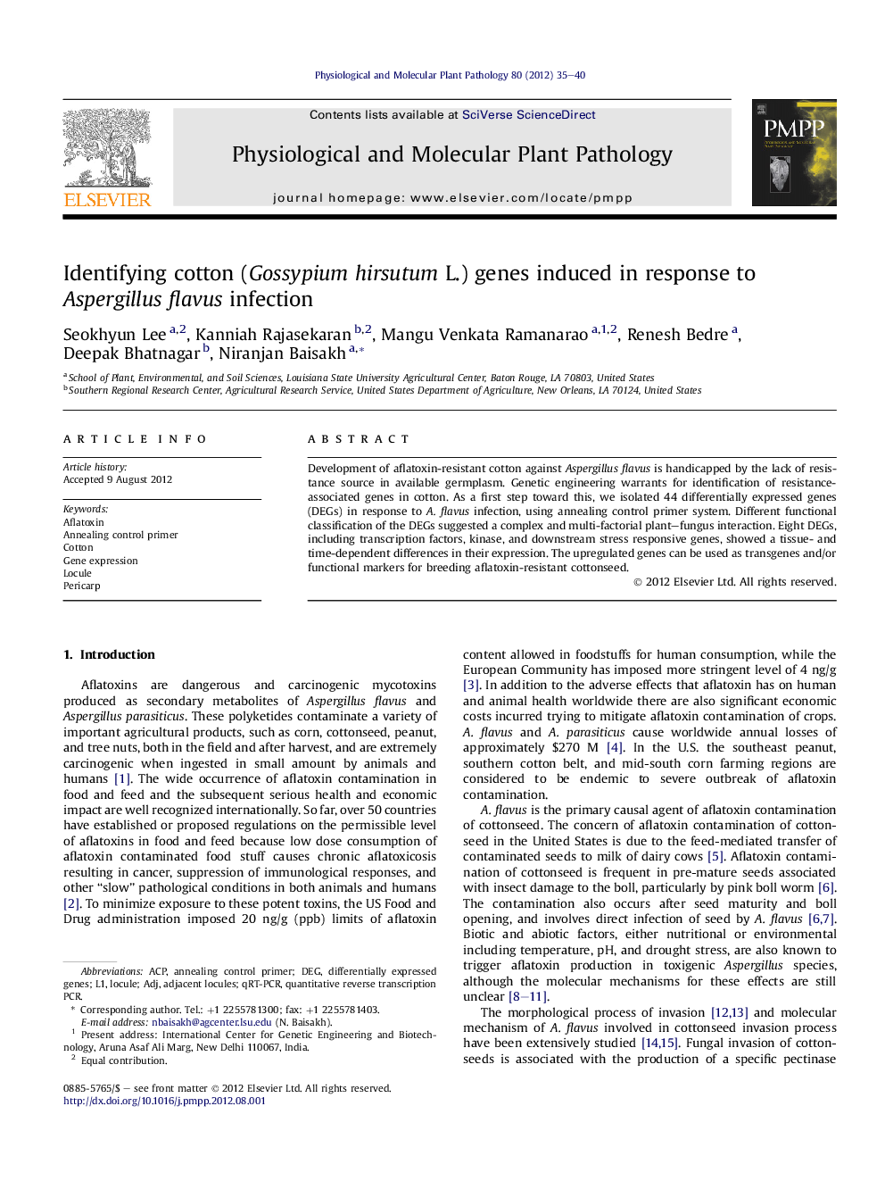 Identifying cotton (Gossypium hirsutum L.) genes induced in response to Aspergillus flavus infection