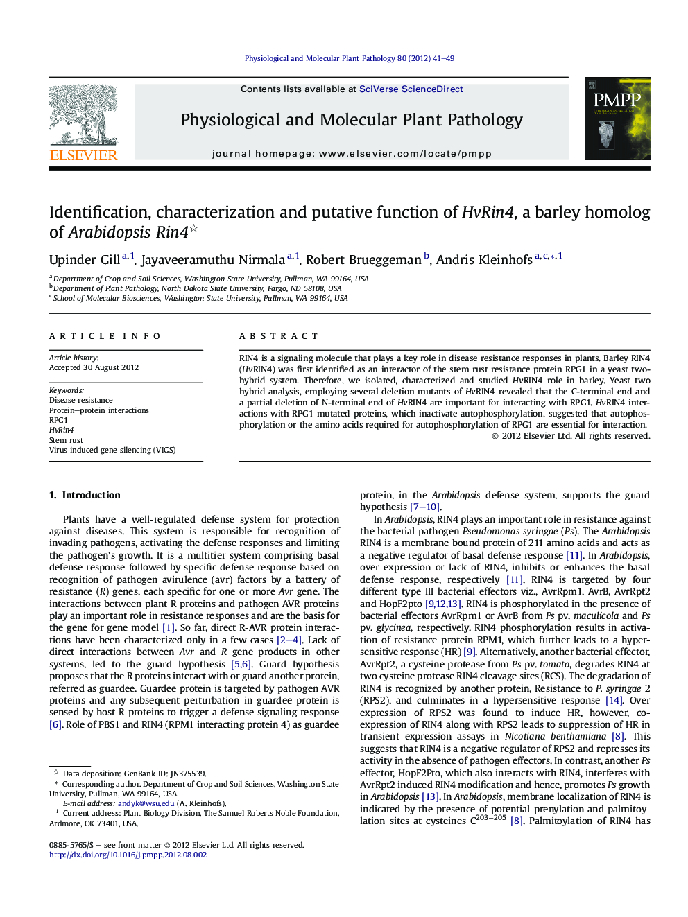 Identification, characterization and putative function of HvRin4, a barley homolog of Arabidopsis Rin4 