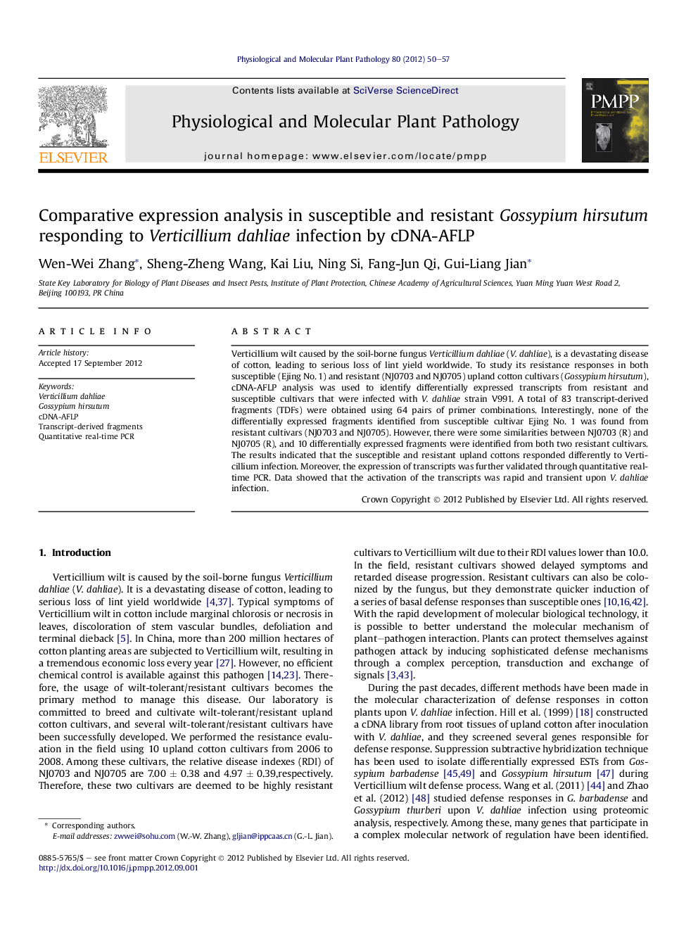 Comparative expression analysis in susceptible and resistant Gossypium hirsutum responding to Verticillium dahliae infection by cDNA-AFLP