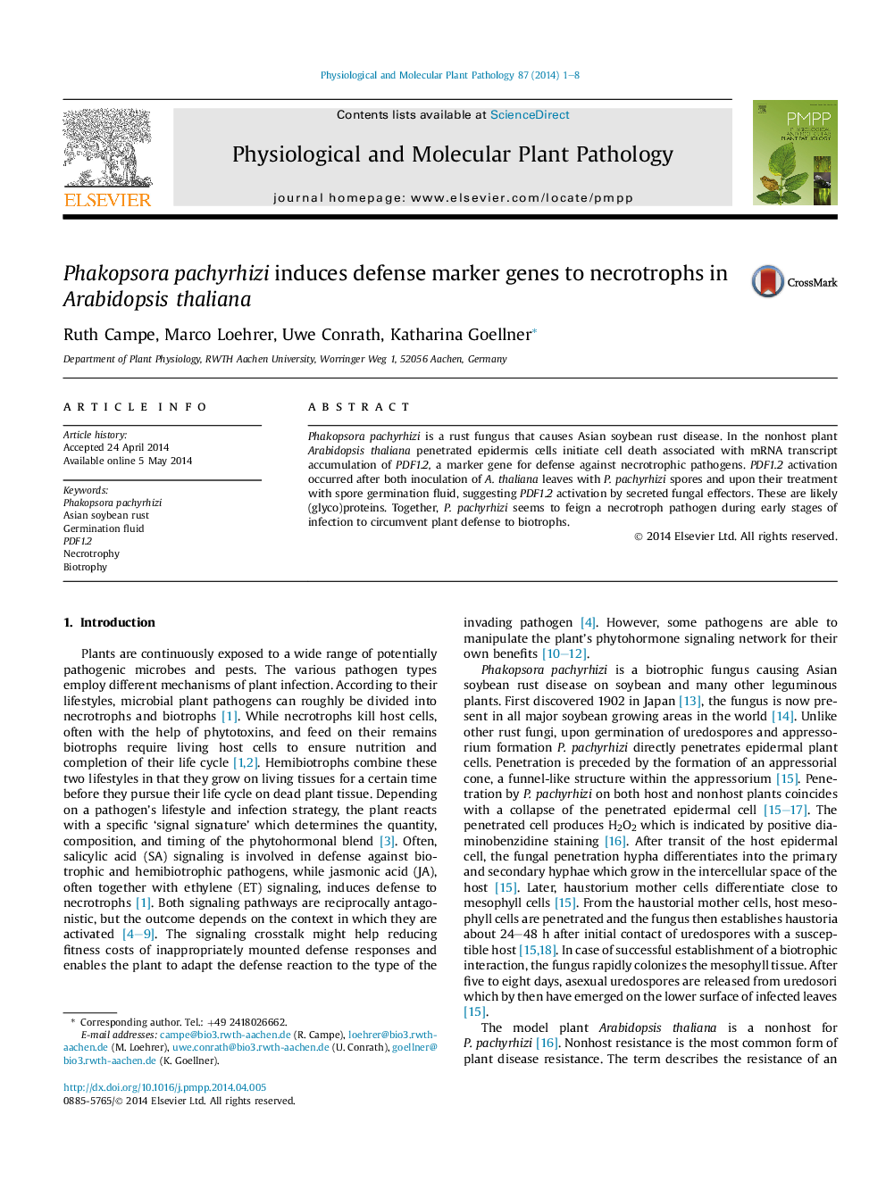 Phakopsora pachyrhizi induces defense marker genes to necrotrophs in Arabidopsis thaliana