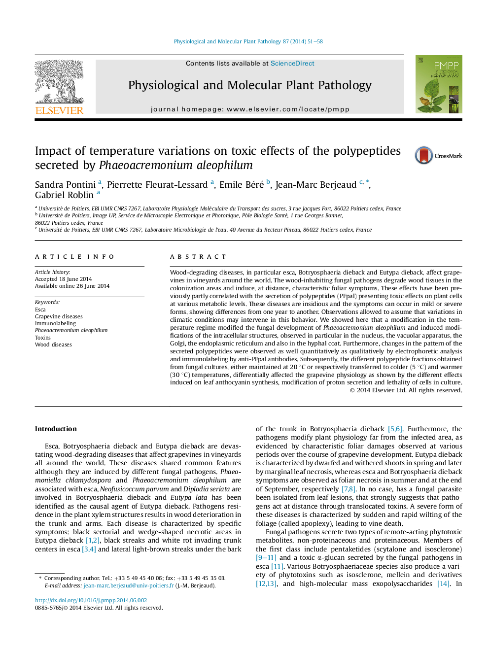 Impact of temperature variations on toxic effects of the polypeptides secreted by Phaeoacremonium aleophilum