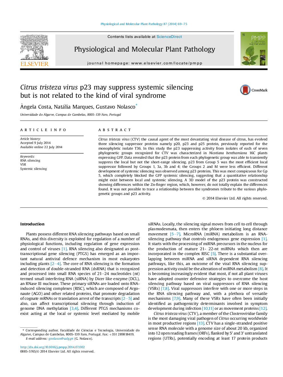 Citrus tristeza virus p23 may suppress systemic silencing but is not related to the kind of viral syndrome