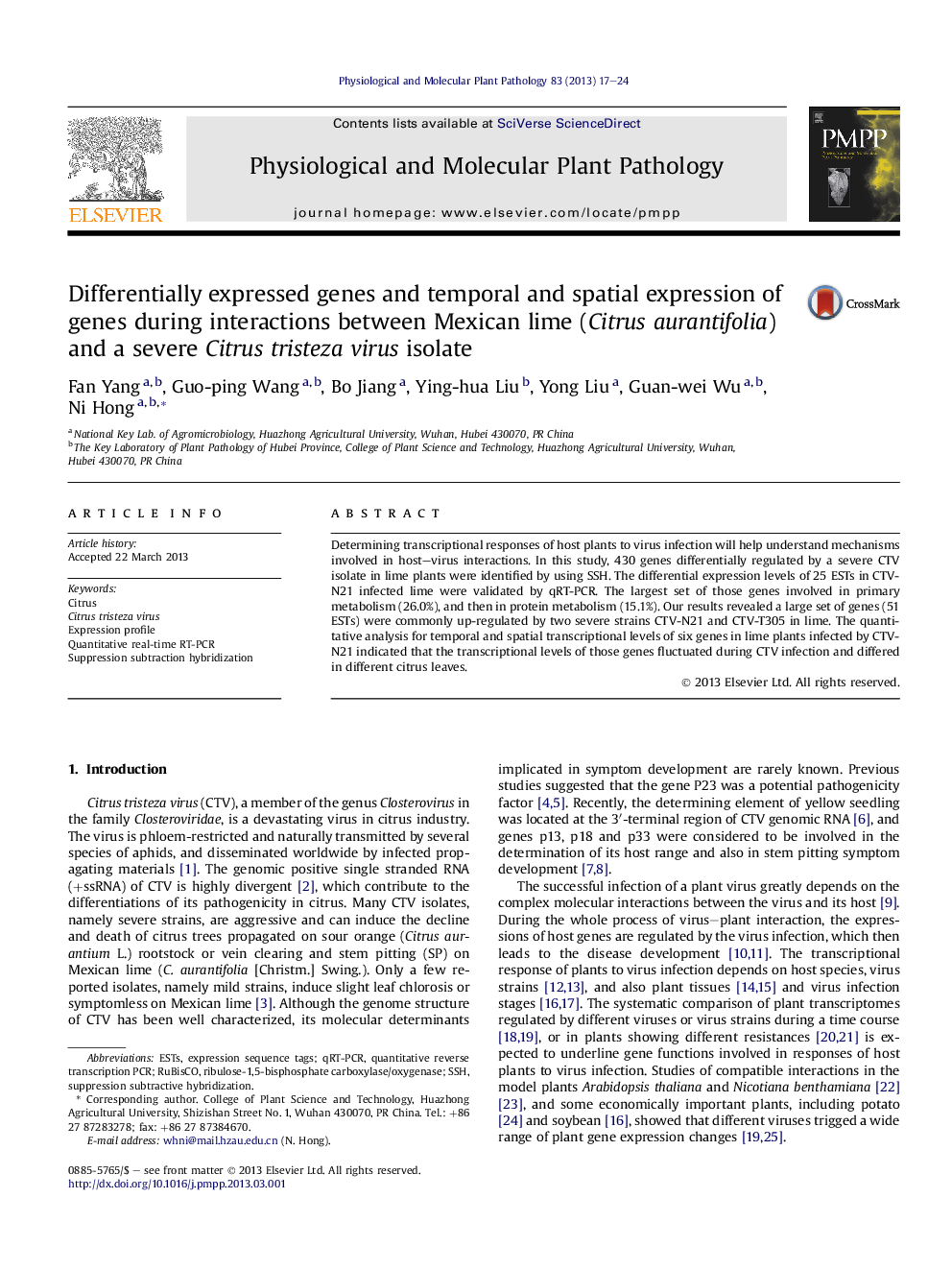 Differentially expressed genes and temporal and spatial expression of genes during interactions between Mexican lime (Citrus aurantifolia) and a severe Citrus tristeza virus isolate