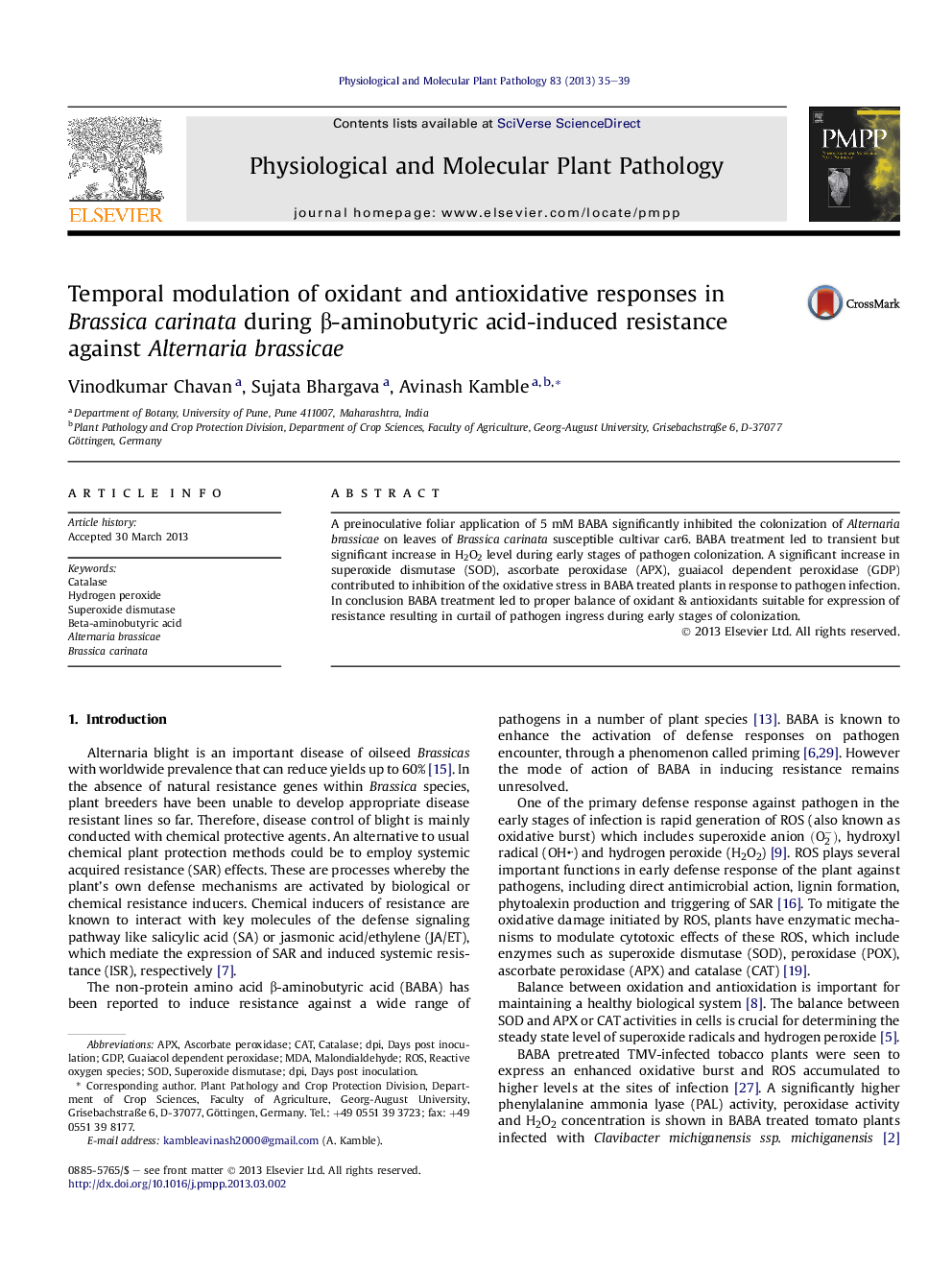 Temporal modulation of oxidant and antioxidative responses in Brassica carinata during Î²-aminobutyric acid-induced resistance against Alternaria brassicae