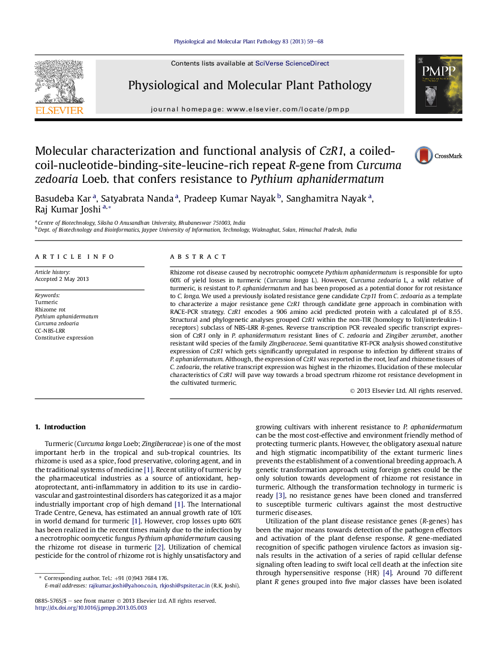 Molecular characterization and functional analysis of CzR1, a coiled-coil-nucleotide-binding-site-leucine-rich repeat R-gene from Curcuma zedoaria Loeb. that confers resistance to Pythium aphanidermatum