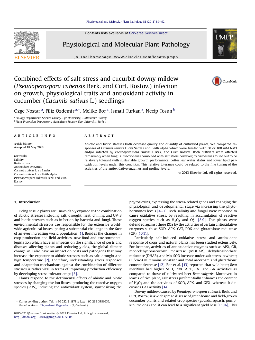 Combined effects of salt stress and cucurbit downy mildew (Pseudoperospora cubensis Berk. and Curt. Rostov.) infection on growth, physiological traits and antioxidant activity in cucumber (Cucumis sativus L.) seedlings