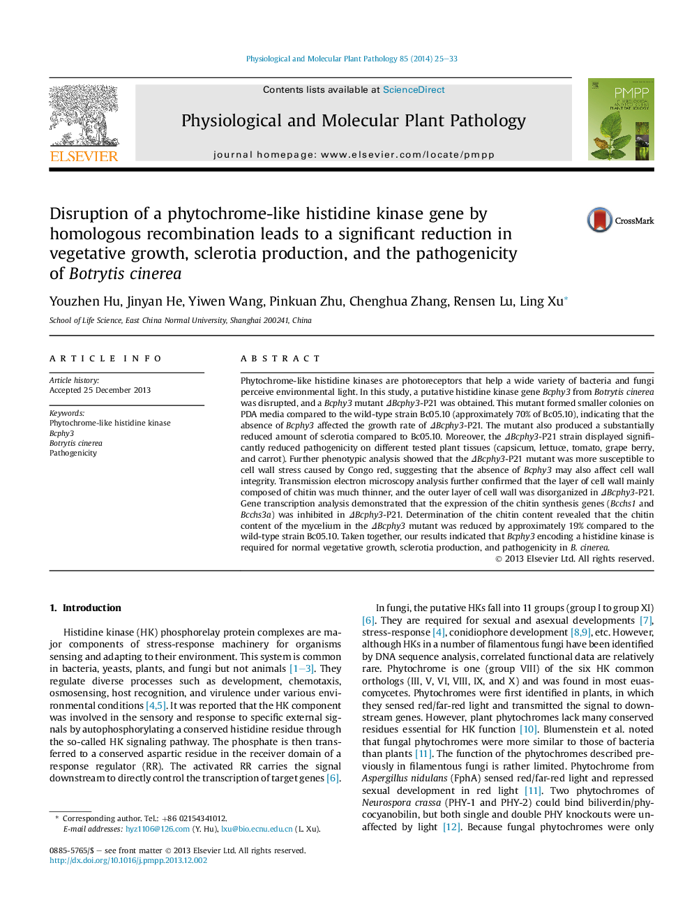 Disruption of a phytochrome-like histidine kinase gene by homologous recombination leads to a significant reduction in vegetative growth, sclerotia production, and the pathogenicity of Botrytis cinerea