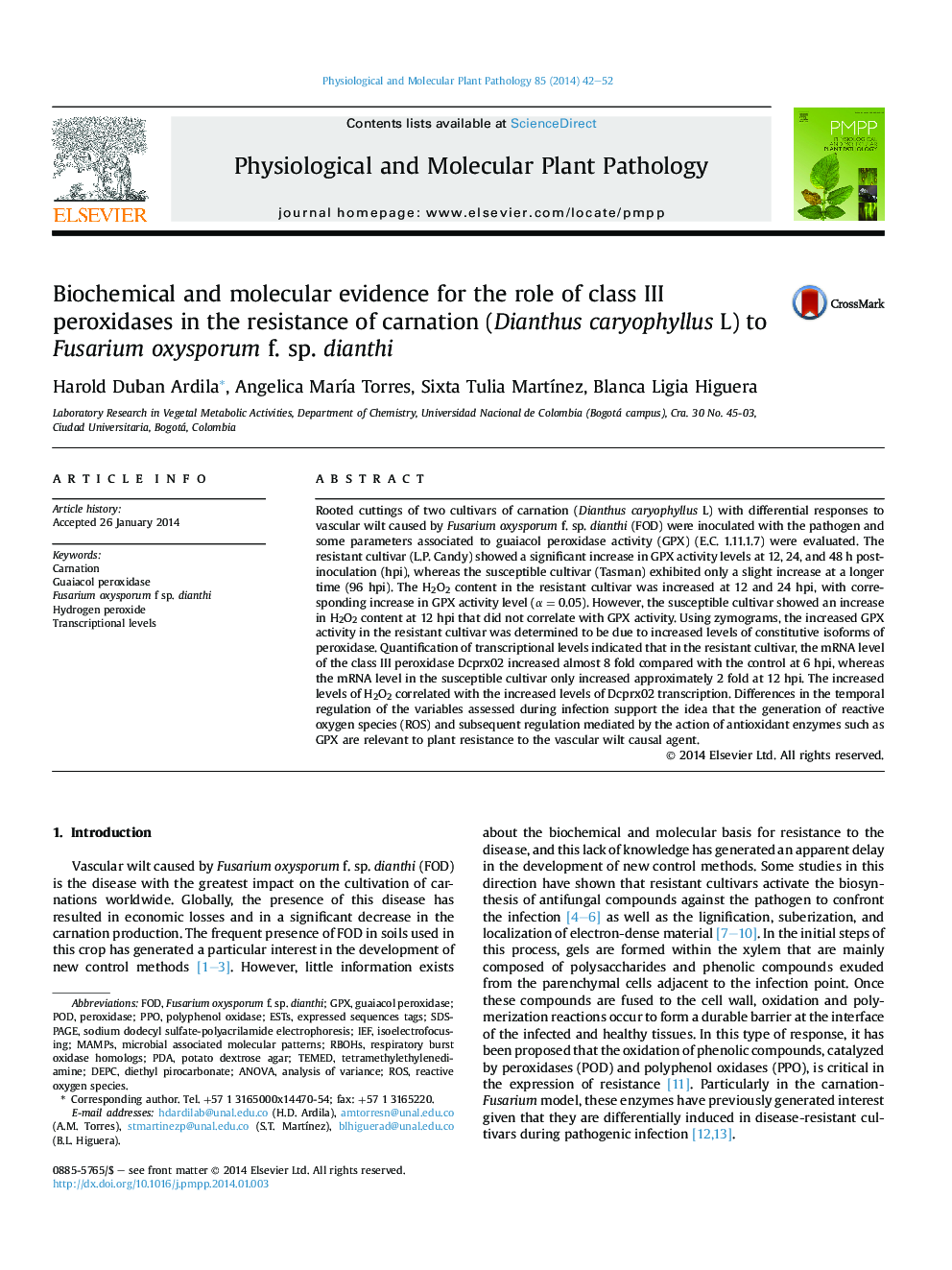 Biochemical and molecular evidence for the role of class III peroxidases in the resistance of carnation (Dianthus caryophyllus L) to Fusarium oxysporum f. sp. dianthi