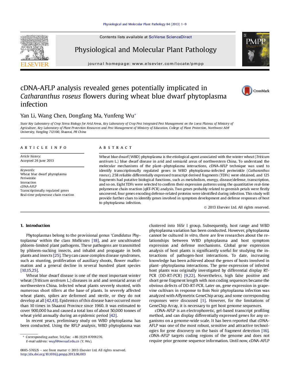 cDNA-AFLP analysis revealed genes potentially implicated in Catharanthus roseus flowers during wheat blue dwarf phytoplasma infection