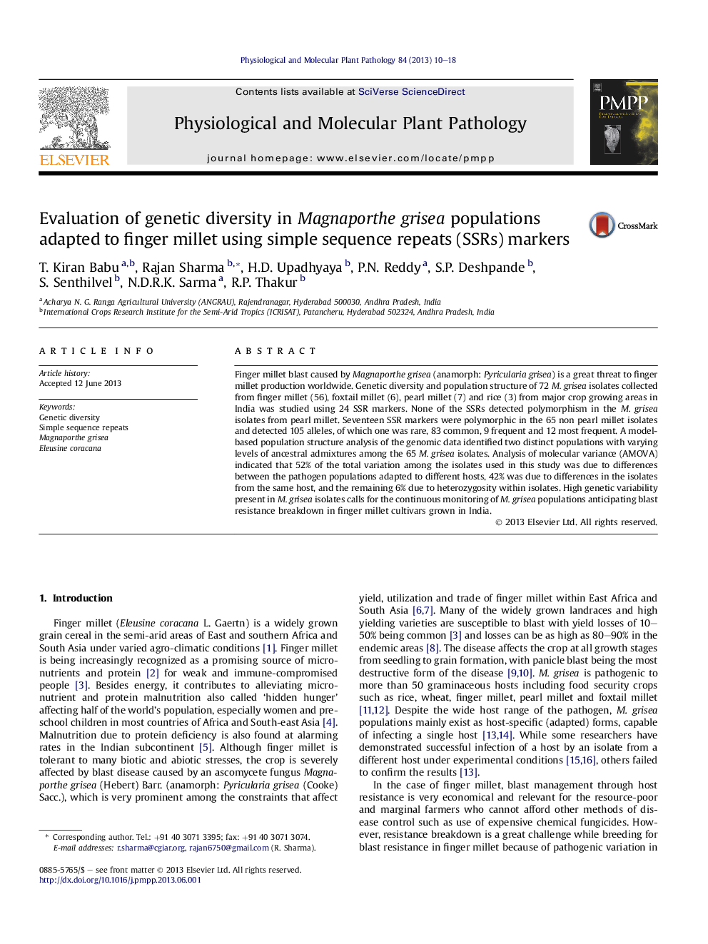 Evaluation of genetic diversity in Magnaporthe grisea populations adapted to finger millet using simple sequence repeats (SSRs) markers