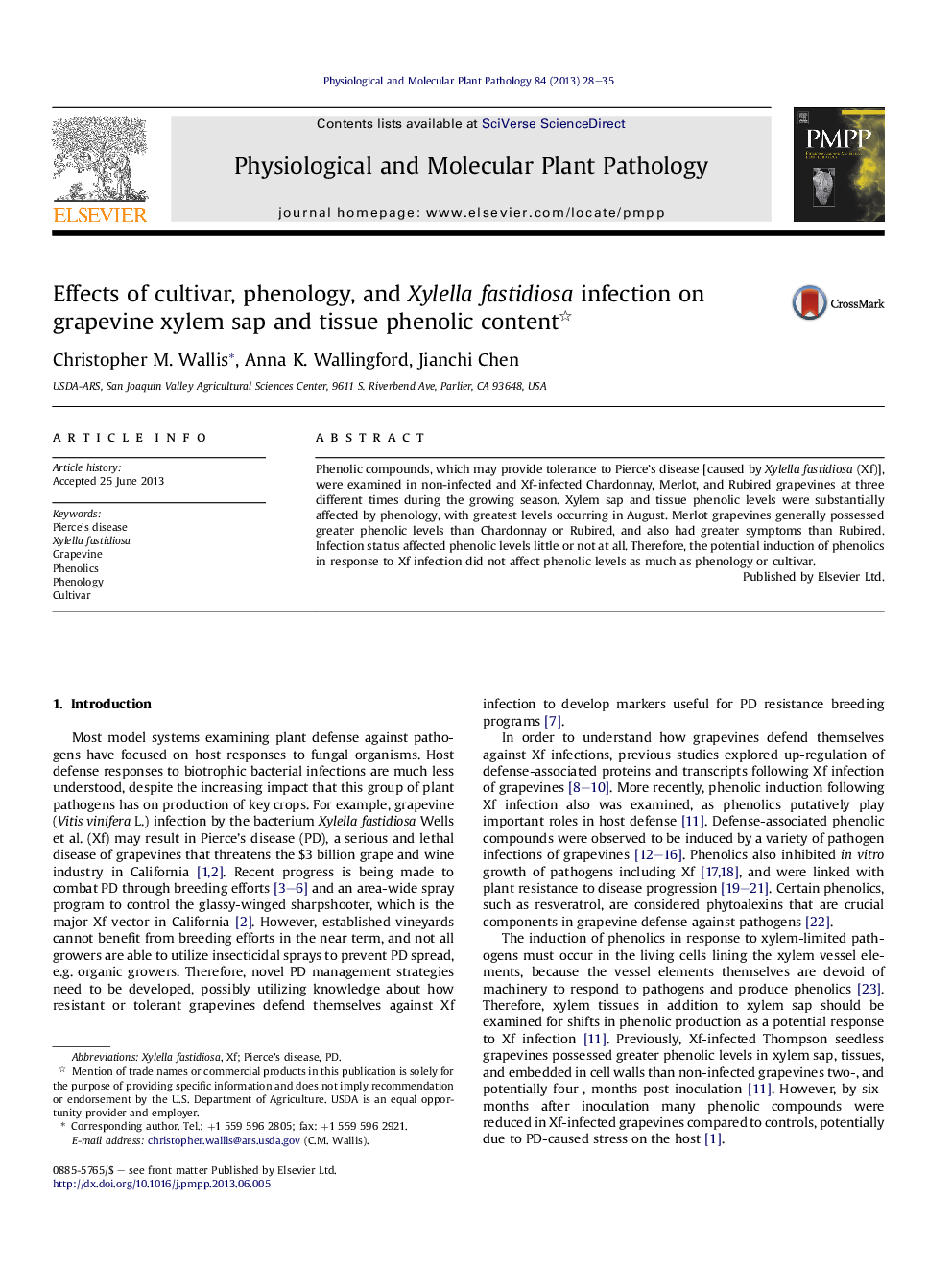 Effects of cultivar, phenology, and Xylella fastidiosa infection on grapevine xylem sap and tissue phenolic content 