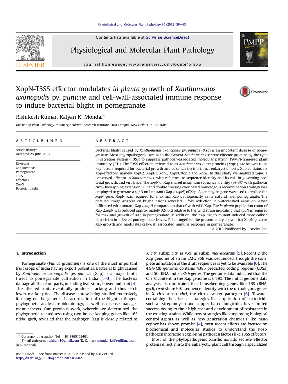 XopN-T3SS effector modulates in planta growth of Xanthomonas axonopodis pv. punicae and cell-wall-associated immune response to induce bacterial blight in pomegranate