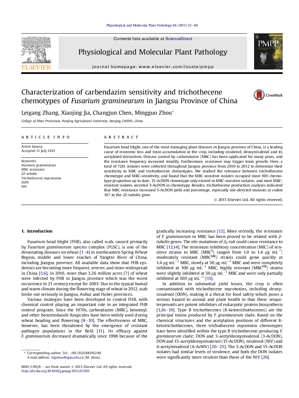 Characterization of carbendazim sensitivity and trichothecene chemotypes of Fusarium graminearum in Jiangsu Province of China