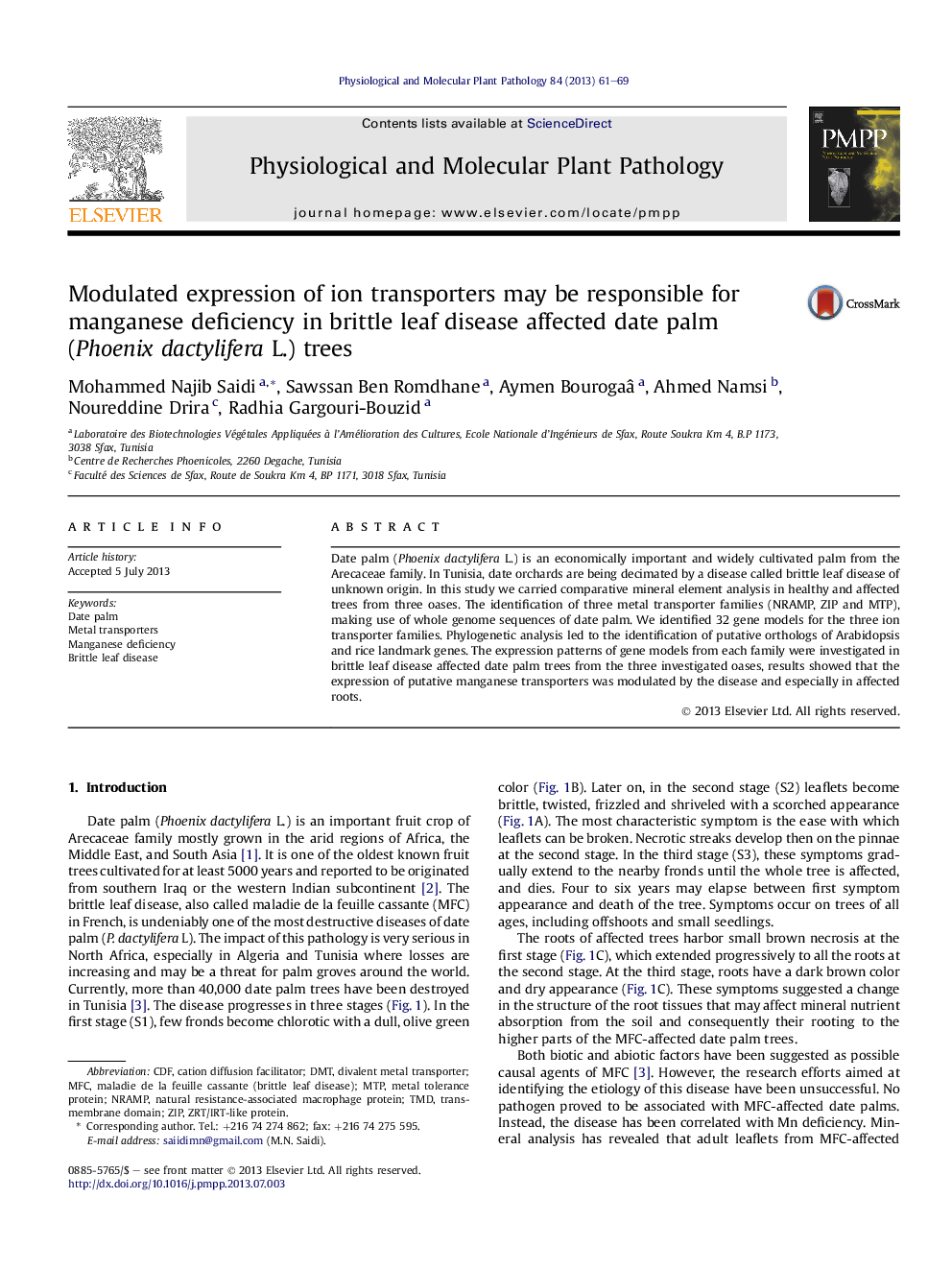 Modulated expression of ion transporters may be responsible for manganese deficiency in brittle leaf disease affected date palm (Phoenix dactylifera L.) trees