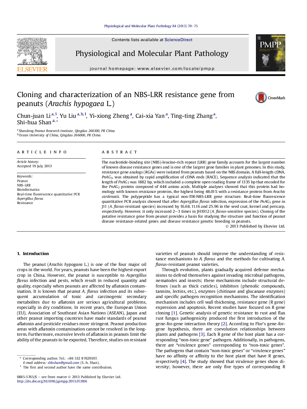 Cloning and characterization of an NBS-LRR resistance gene from peanuts (Arachis hypogaea L.)