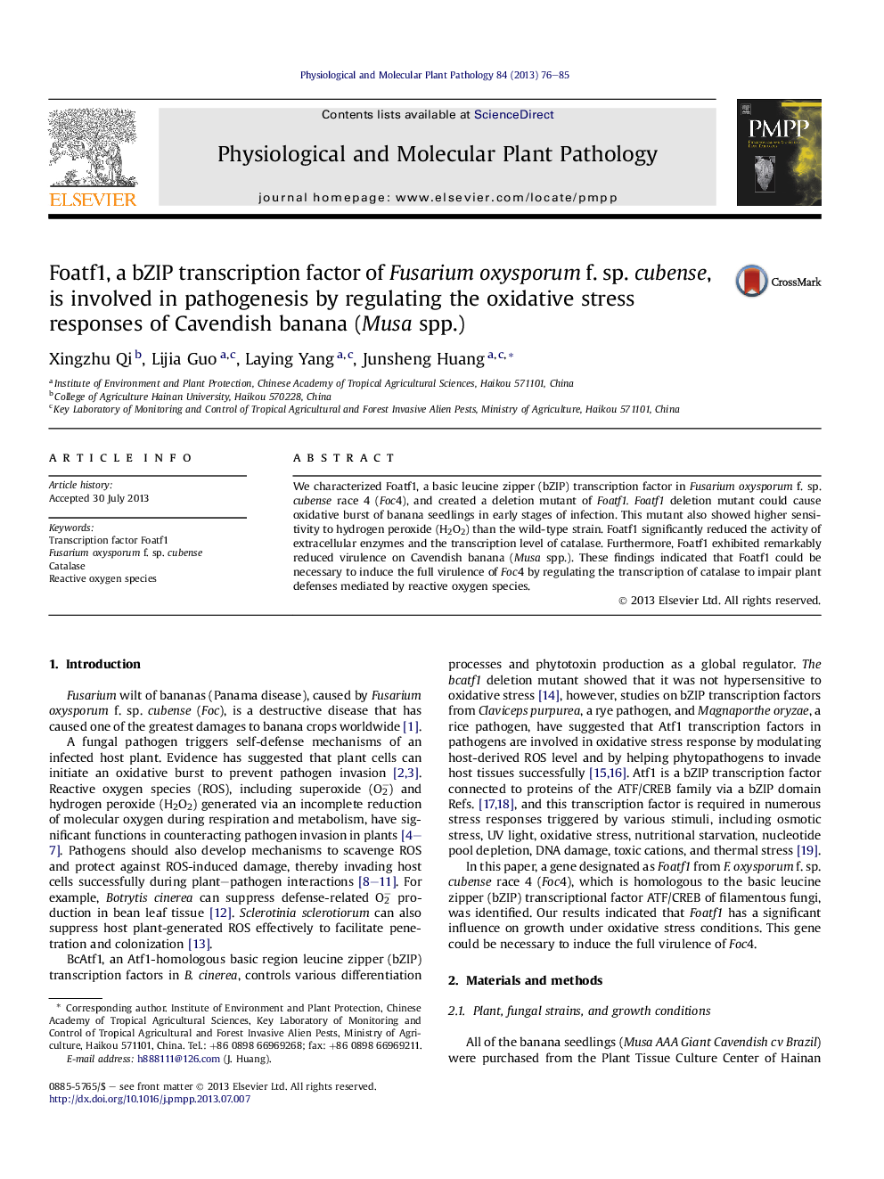 Foatf1, a bZIP transcription factor of Fusarium oxysporum f. sp. cubense, is involved in pathogenesis by regulating the oxidative stress responses of Cavendish banana (Musa spp.)