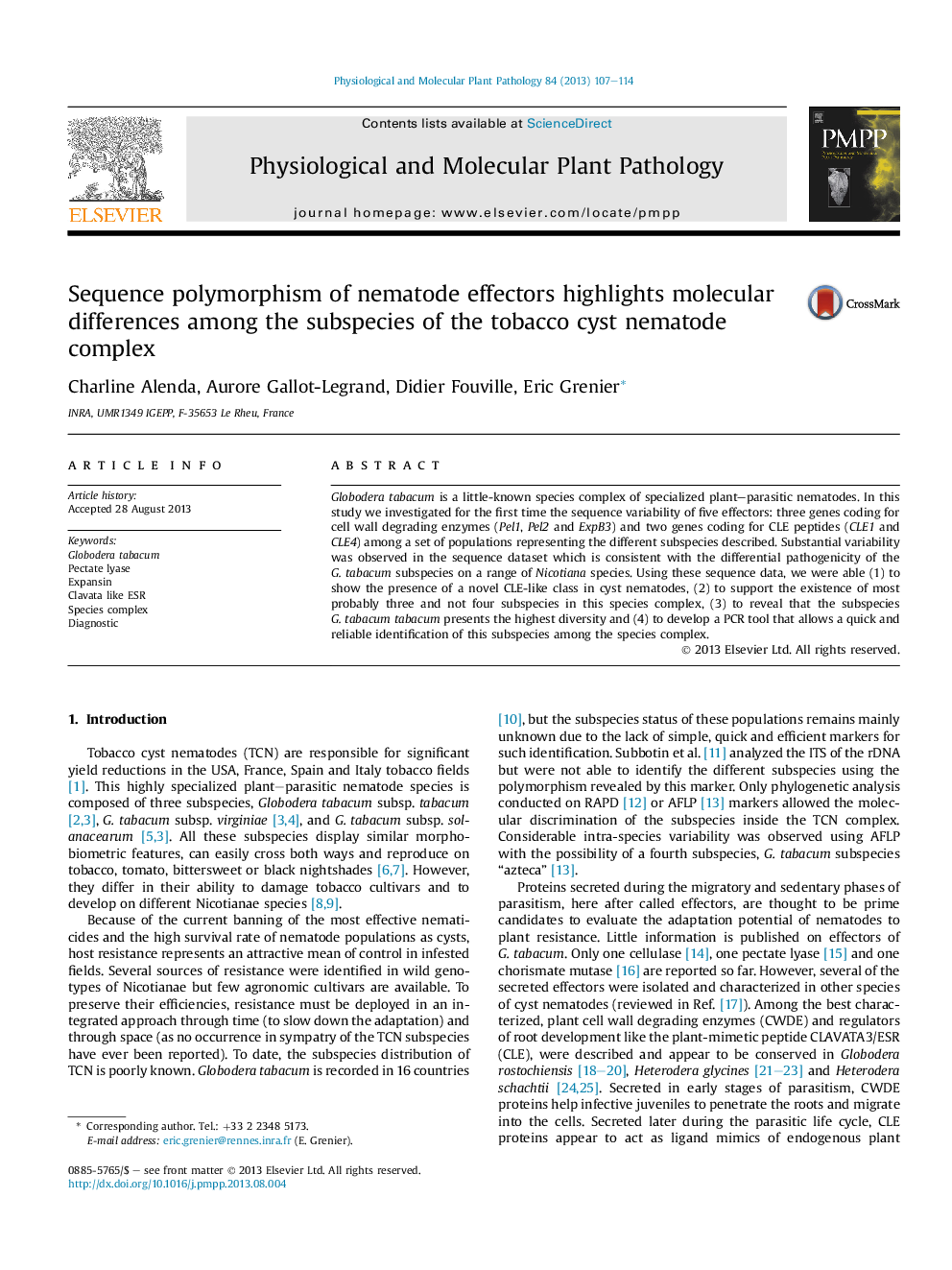 Sequence polymorphism of nematode effectors highlights molecular differences among the subspecies of the tobacco cyst nematode complex