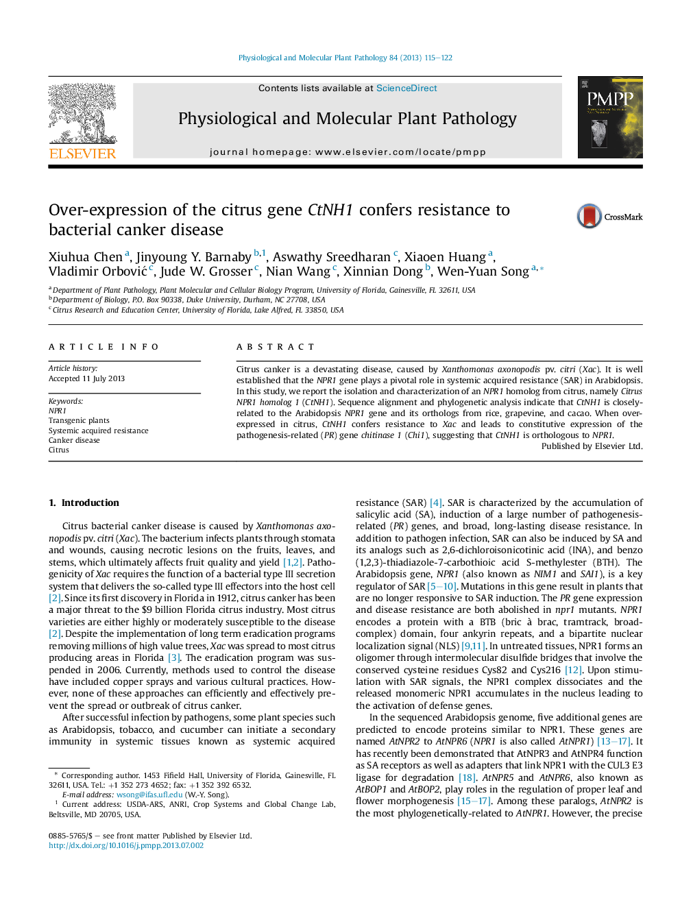 Over-expression of the citrus gene CtNH1 confers resistance to bacterial canker disease