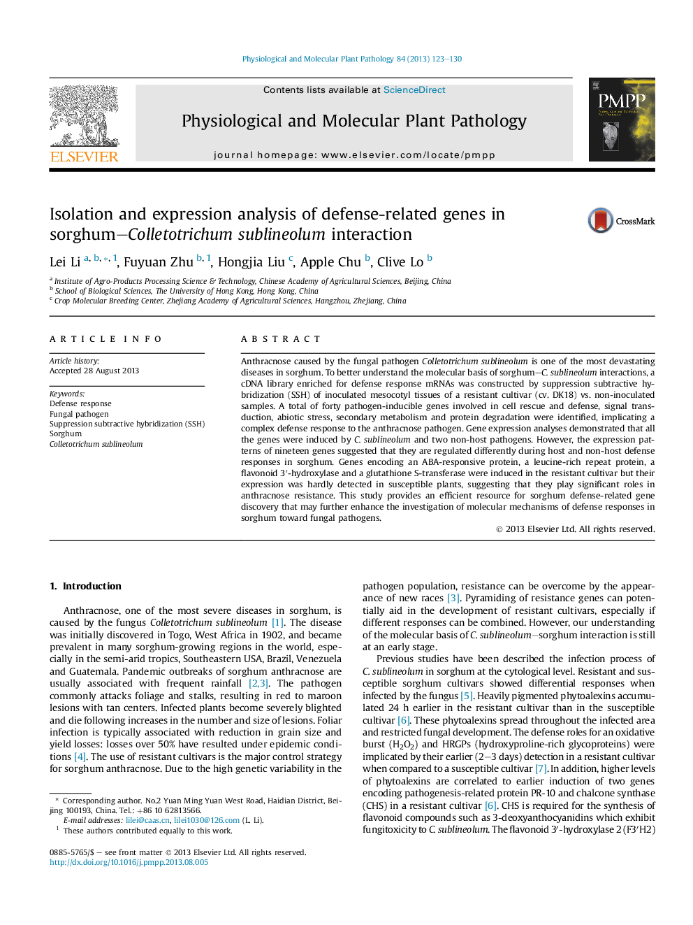 Isolation and expression analysis of defense-related genes in sorghum–Colletotrichum sublineolum interaction