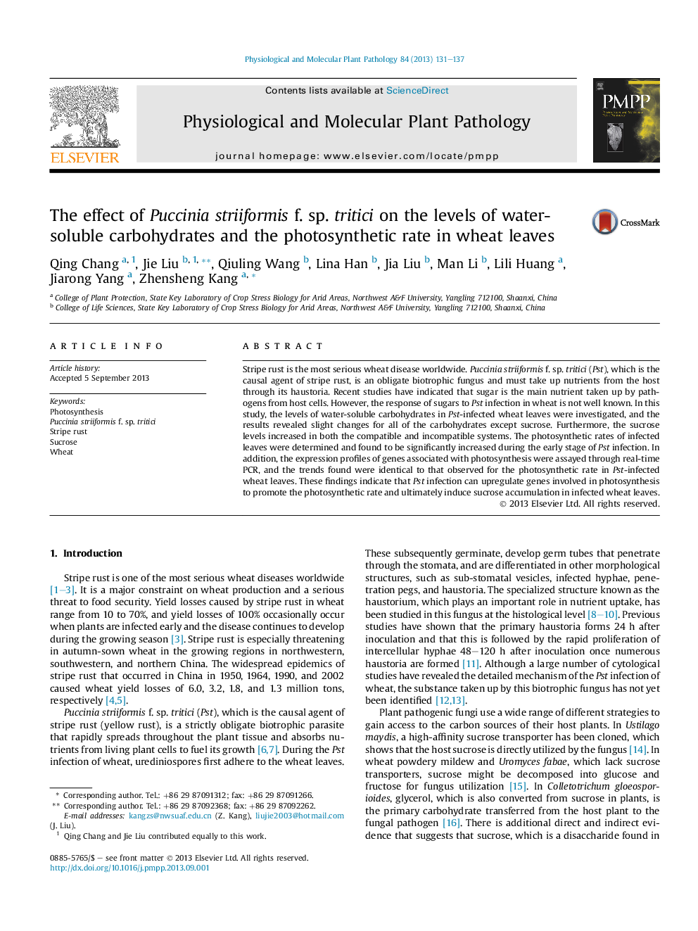 The effect of Puccinia striiformis f. sp. tritici on the levels of water-soluble carbohydrates and the photosynthetic rate in wheat leaves