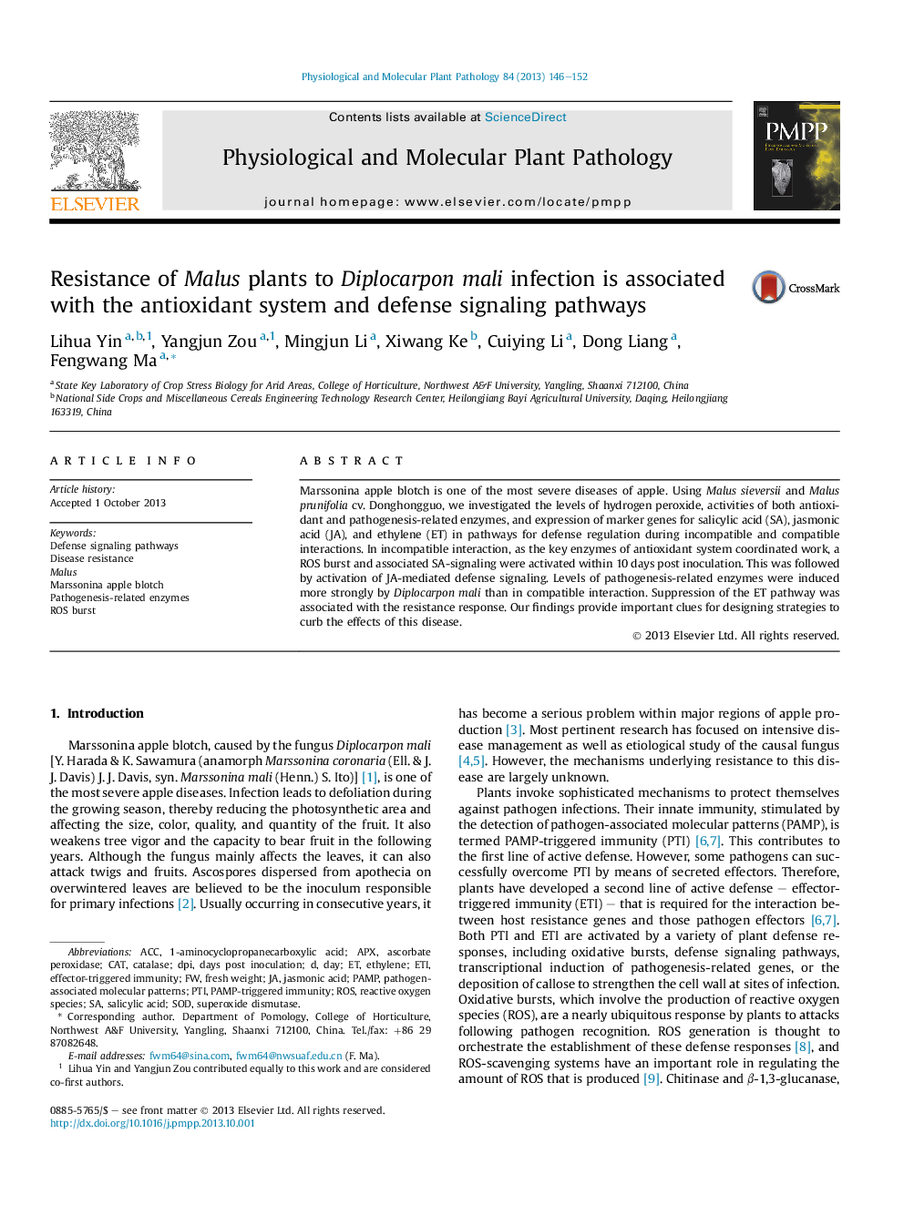 Resistance of Malus plants to Diplocarpon mali infection is associated with the antioxidant system and defense signaling pathways