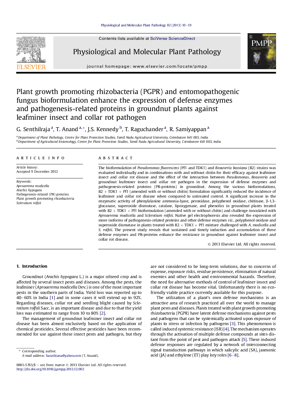 Plant growth promoting rhizobacteria (PGPR) and entomopathogenic fungus bioformulation enhance the expression of defense enzymes and pathogenesis-related proteins in groundnut plants against leafminer insect and collar rot pathogen