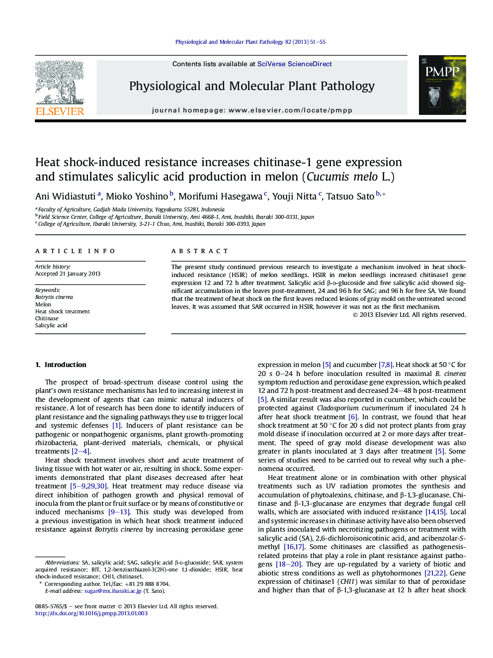 Heat shock-induced resistance increases chitinase-1 gene expression and stimulates salicylic acid production in melon (Cucumis melo L.)