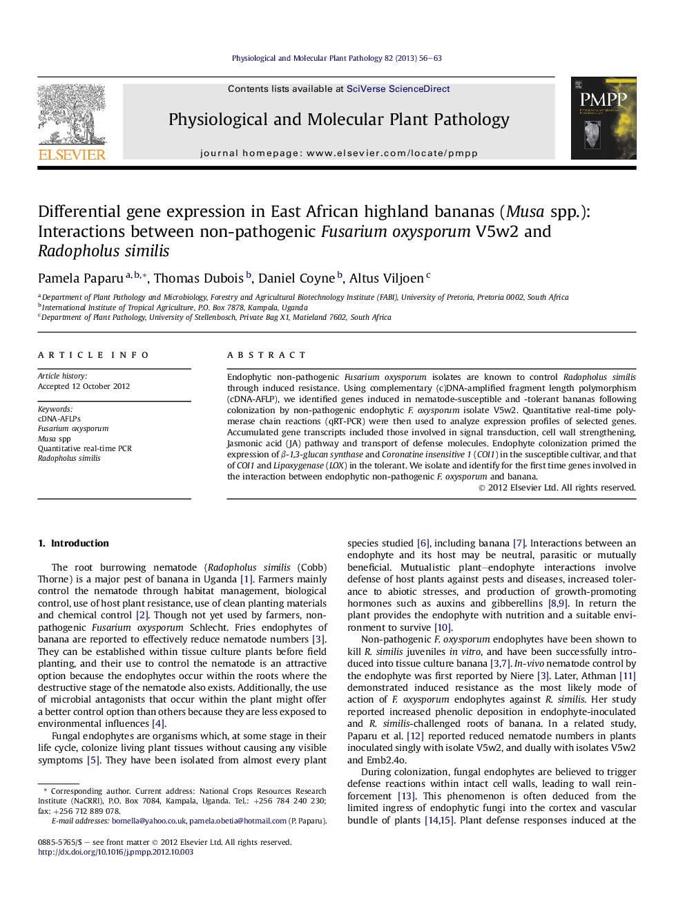 Differential gene expression in East African highland bananas (Musa spp.): Interactions between non-pathogenic Fusarium oxysporum V5w2 and Radopholus similis